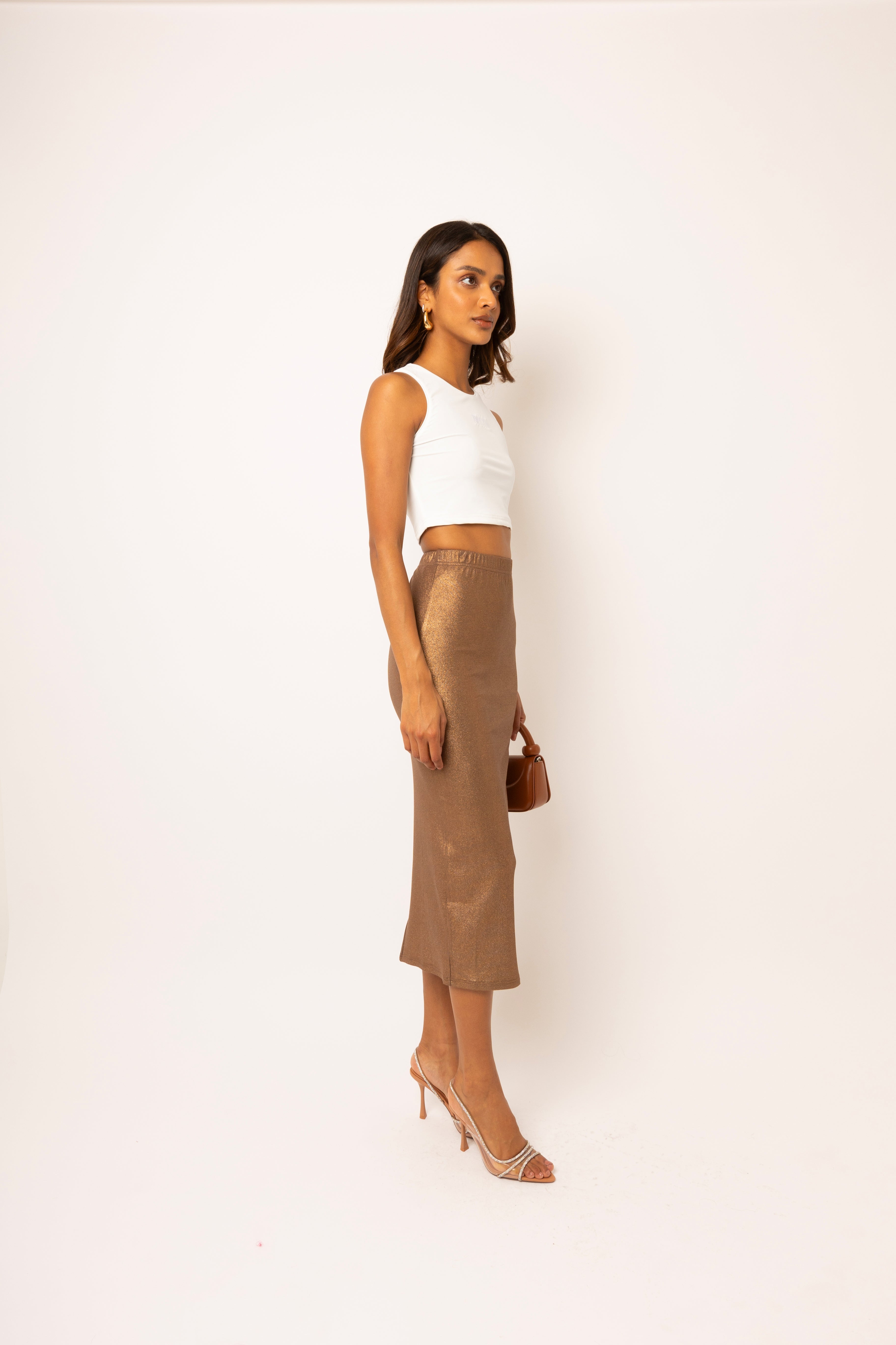 Lulu Brown Metallic Midi Skirt