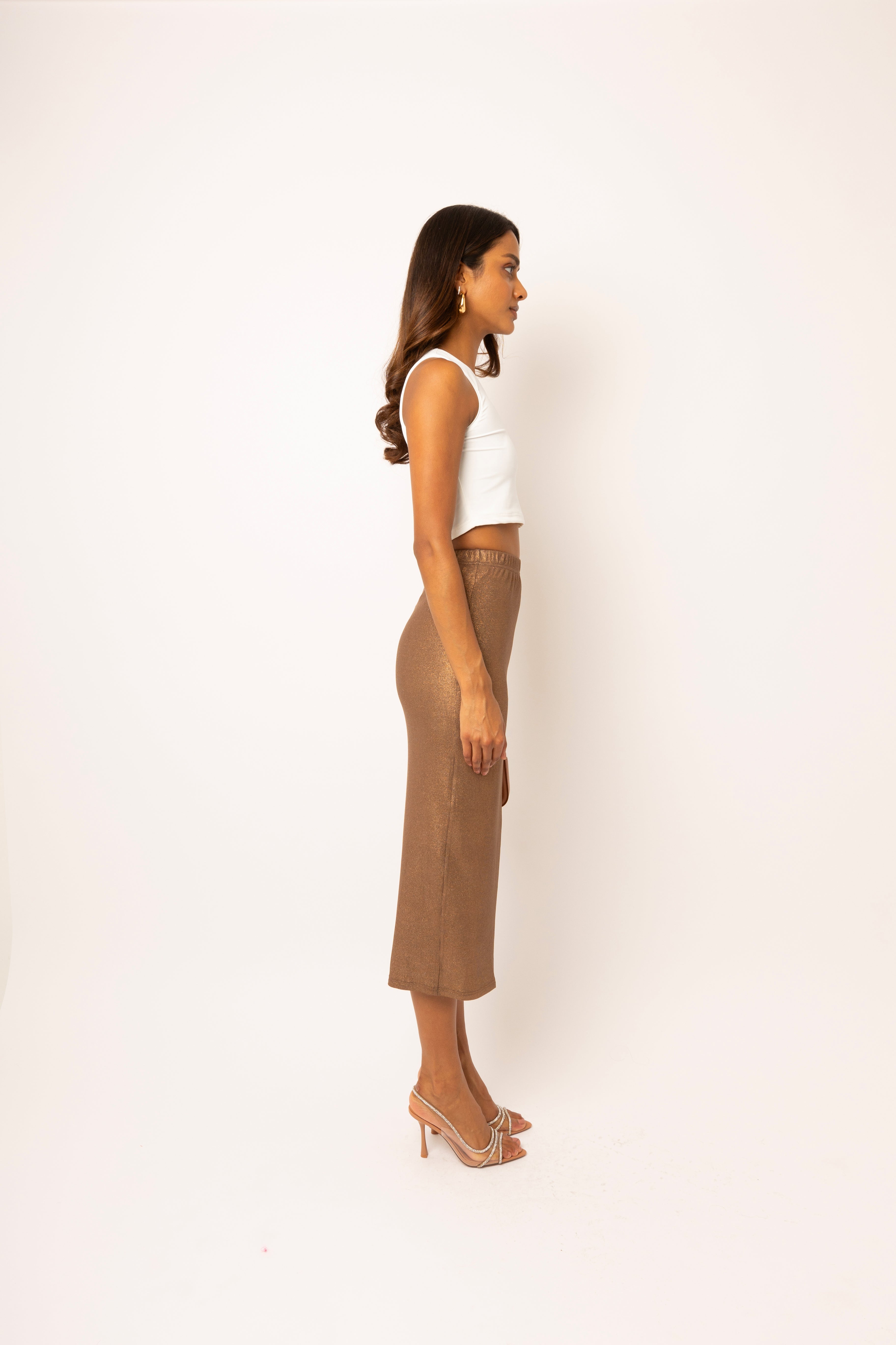 Lulu Brown Metallic Midi Skirt
