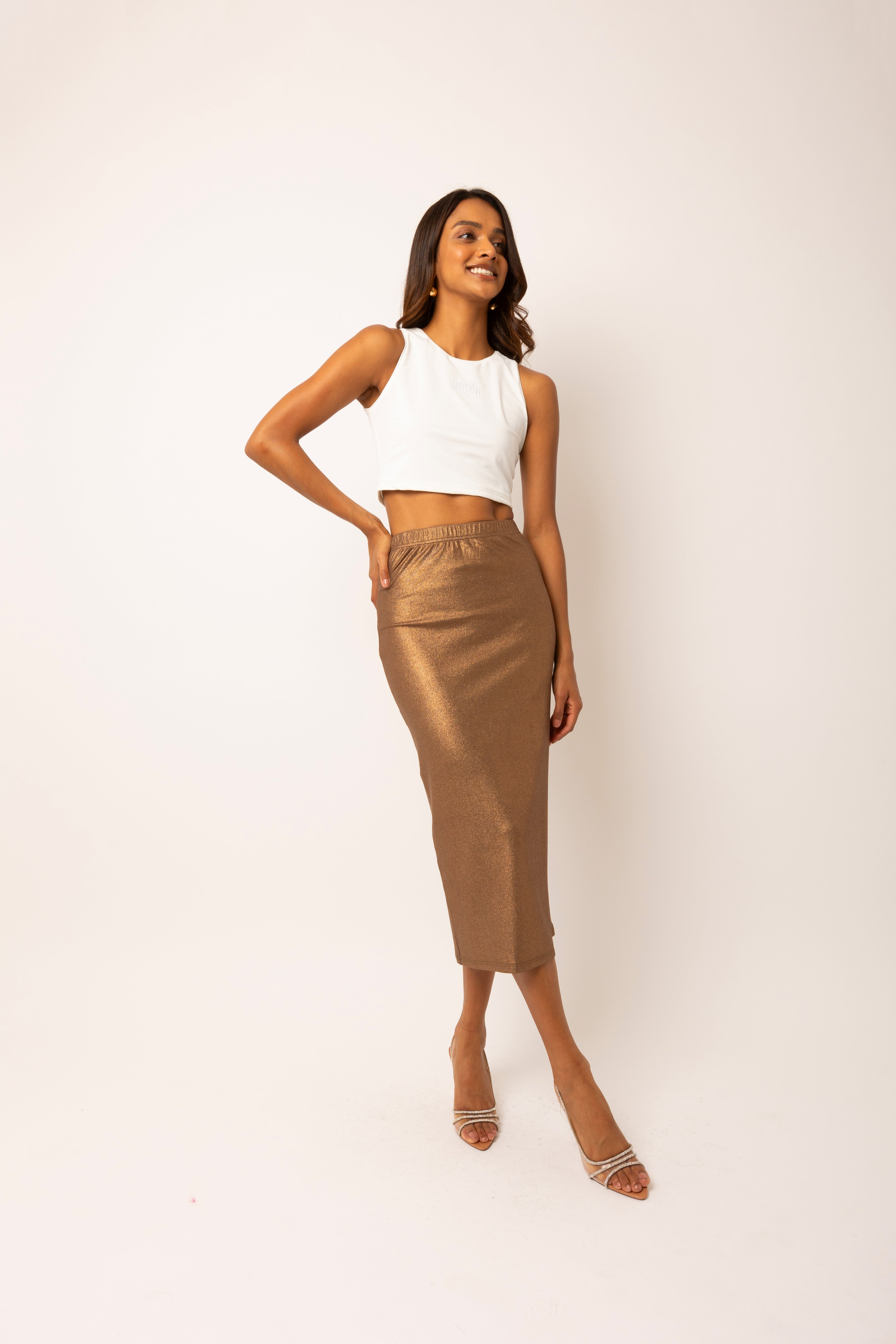 Lulu Brown Metallic Midi Skirt
