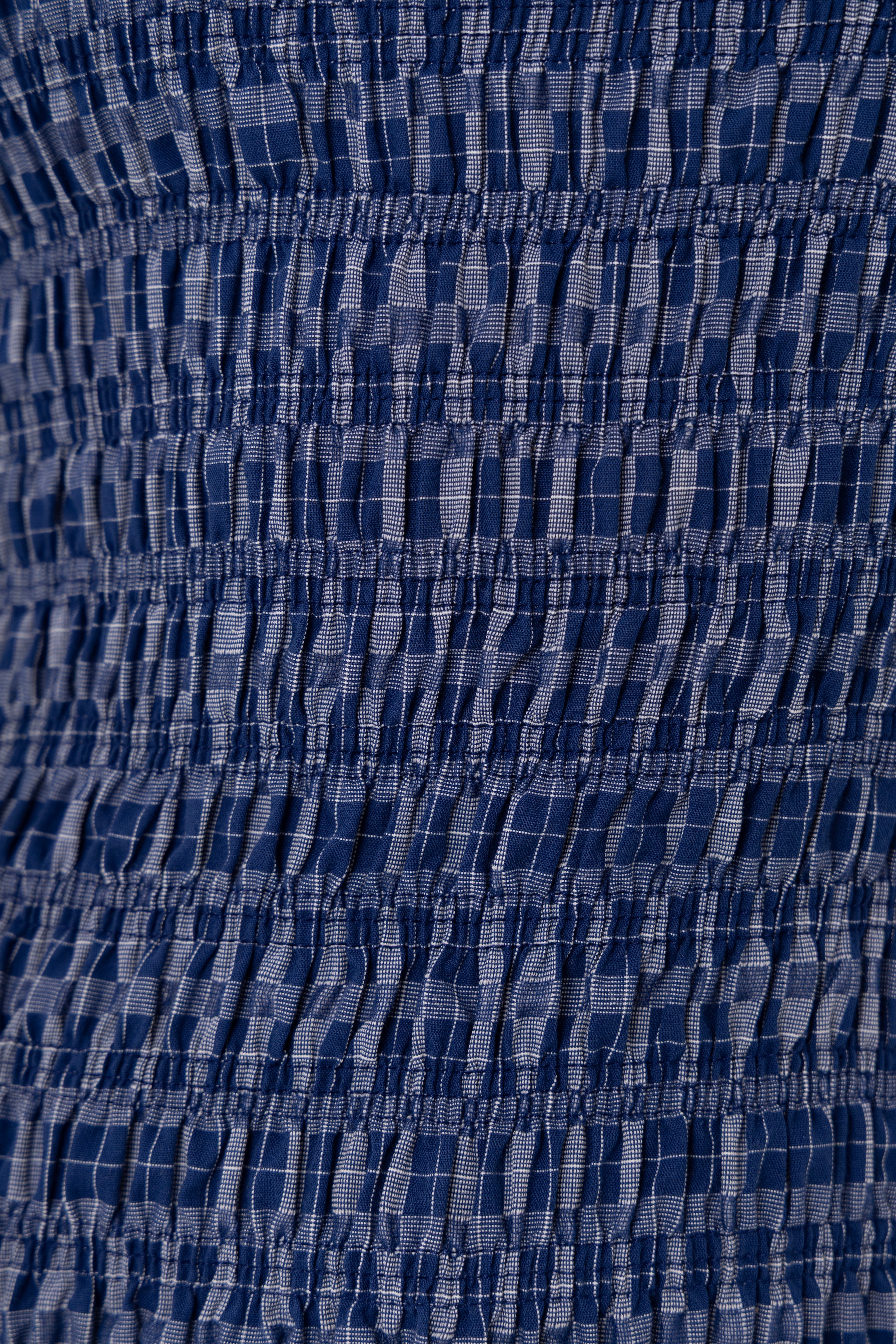 Iris Indigo Checkerboard Cotton Smocked Sleeve Top