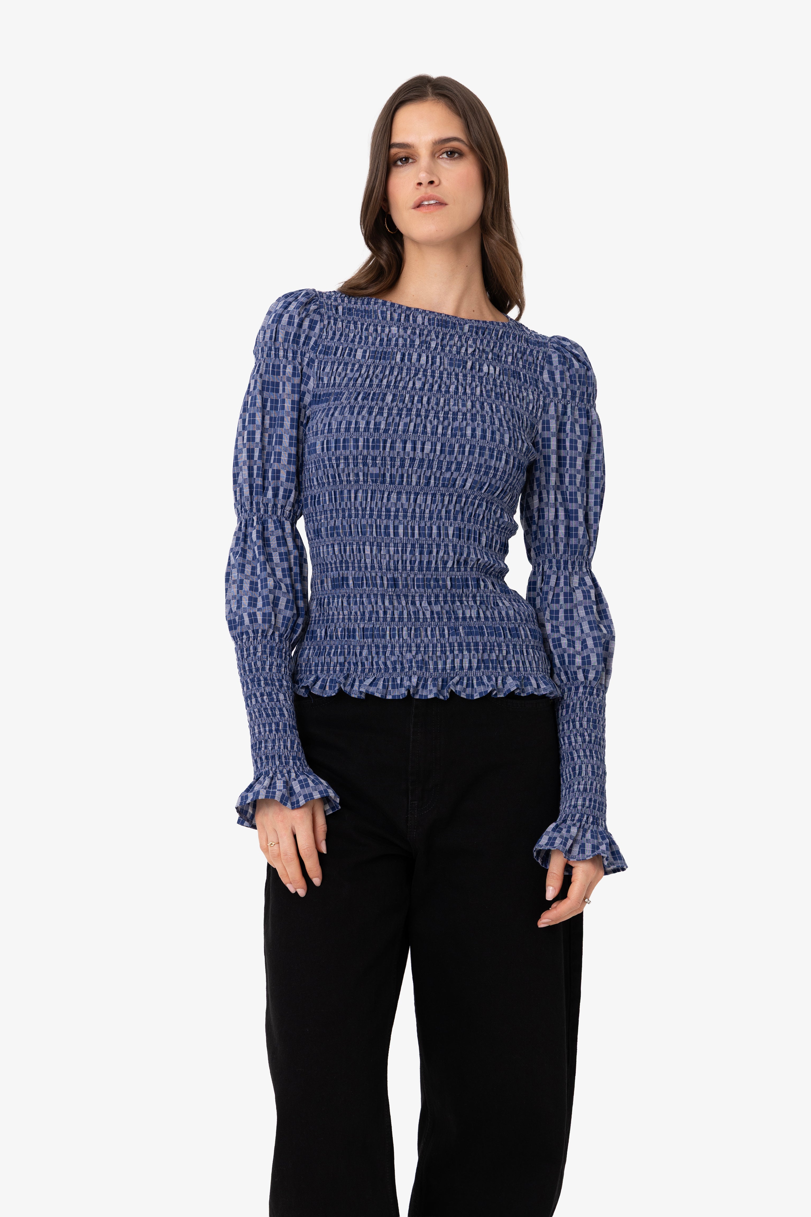 Iris Indigo Checkerboard Cotton Smocked Sleeve Top