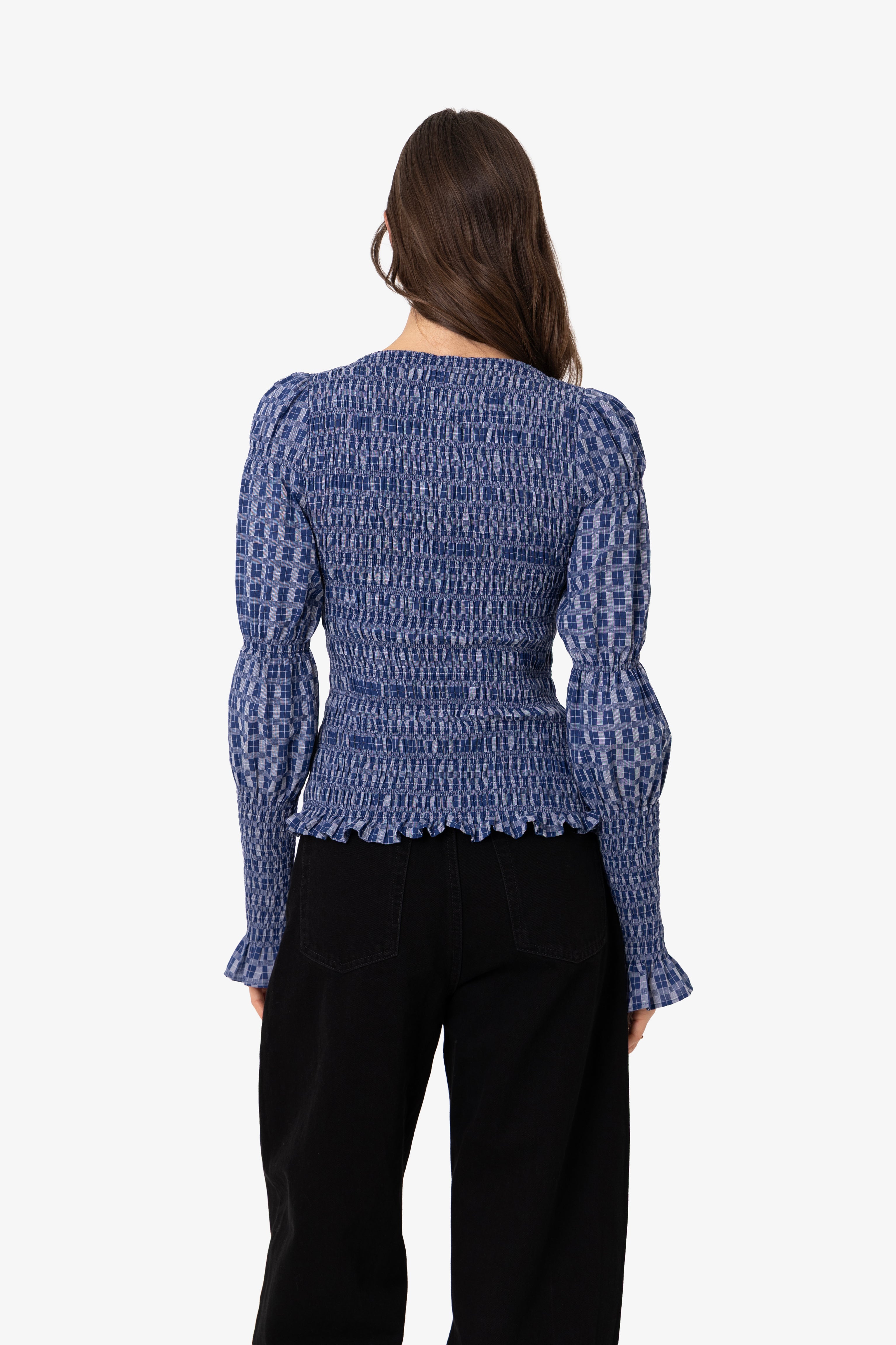Iris Indigo Checkerboard Cotton Smocked Sleeve Top
