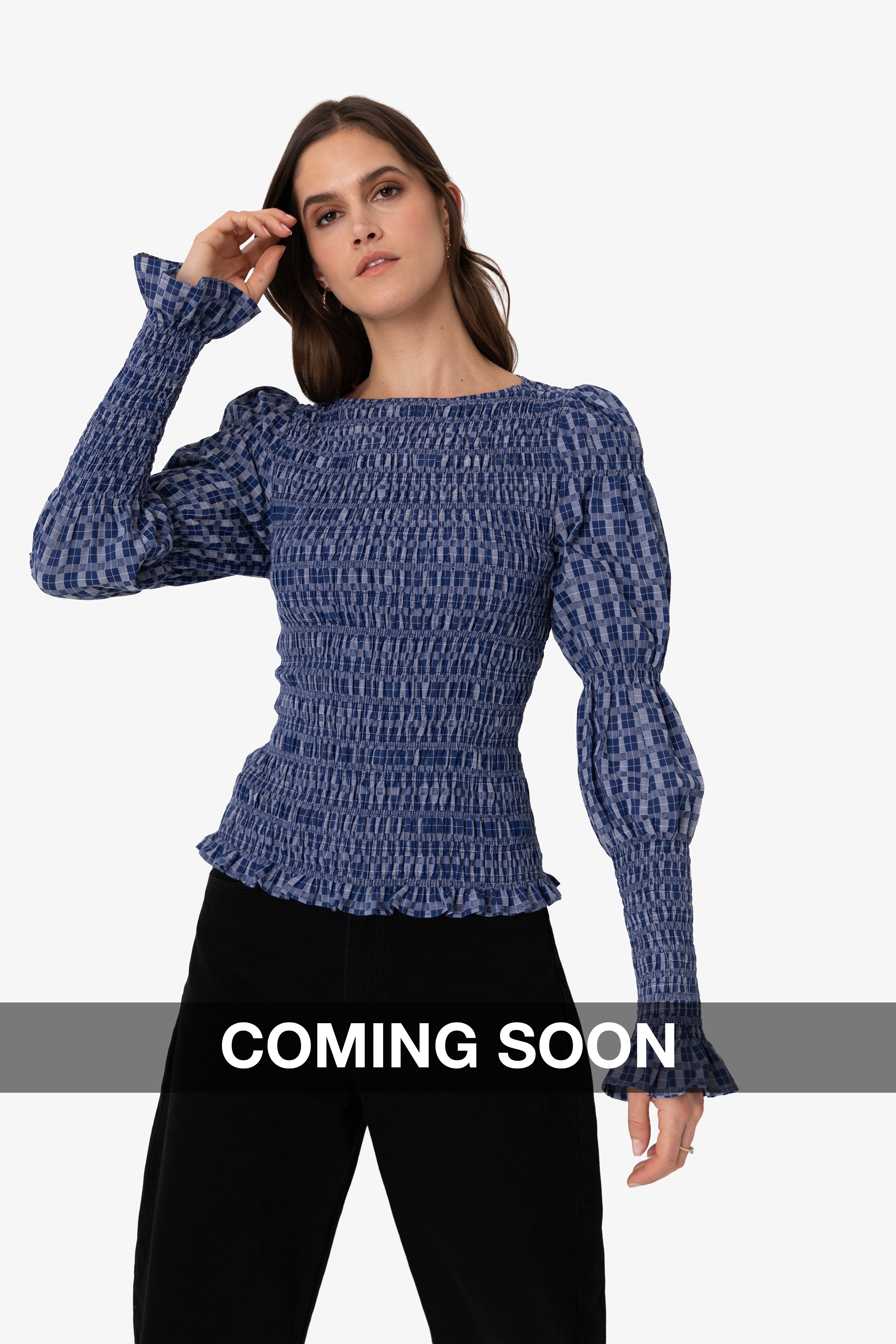 Iris Indigo Checkerboard Cotton Smocked Sleeve Top