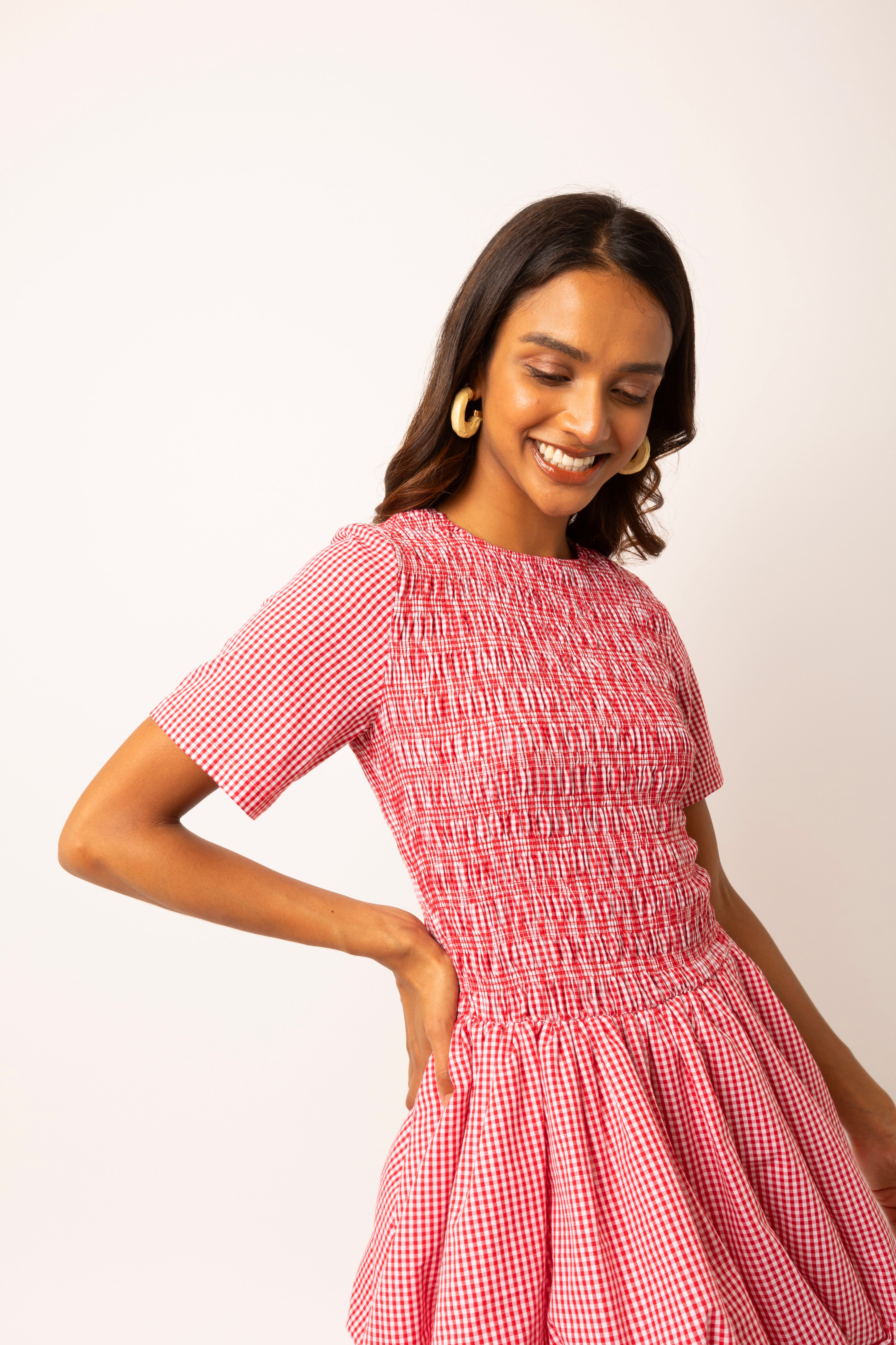 Eleanor Pure Cotton Red Gingham Puffball Mini Dress