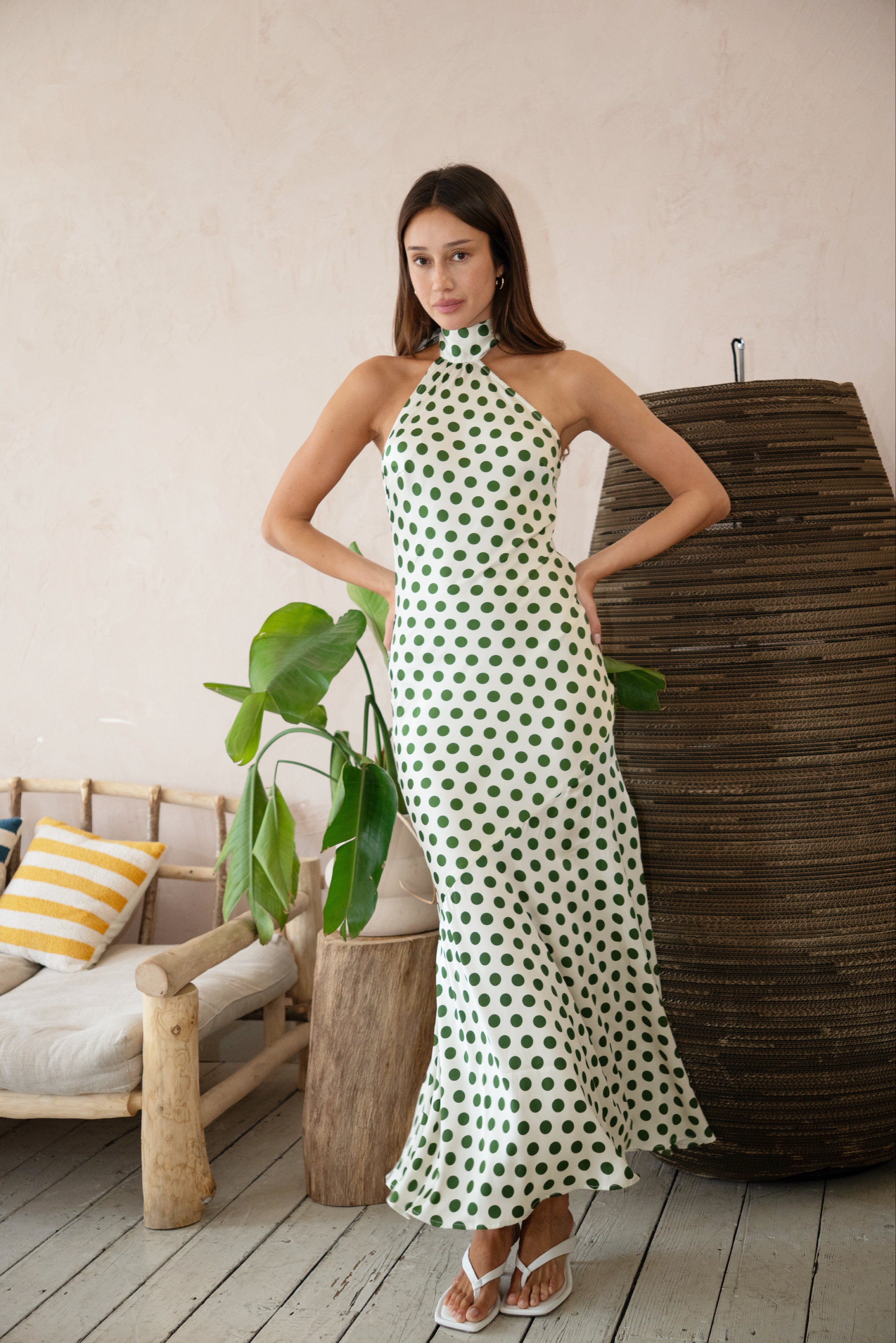 Baia Green Polka Dot Satin Halter Dress