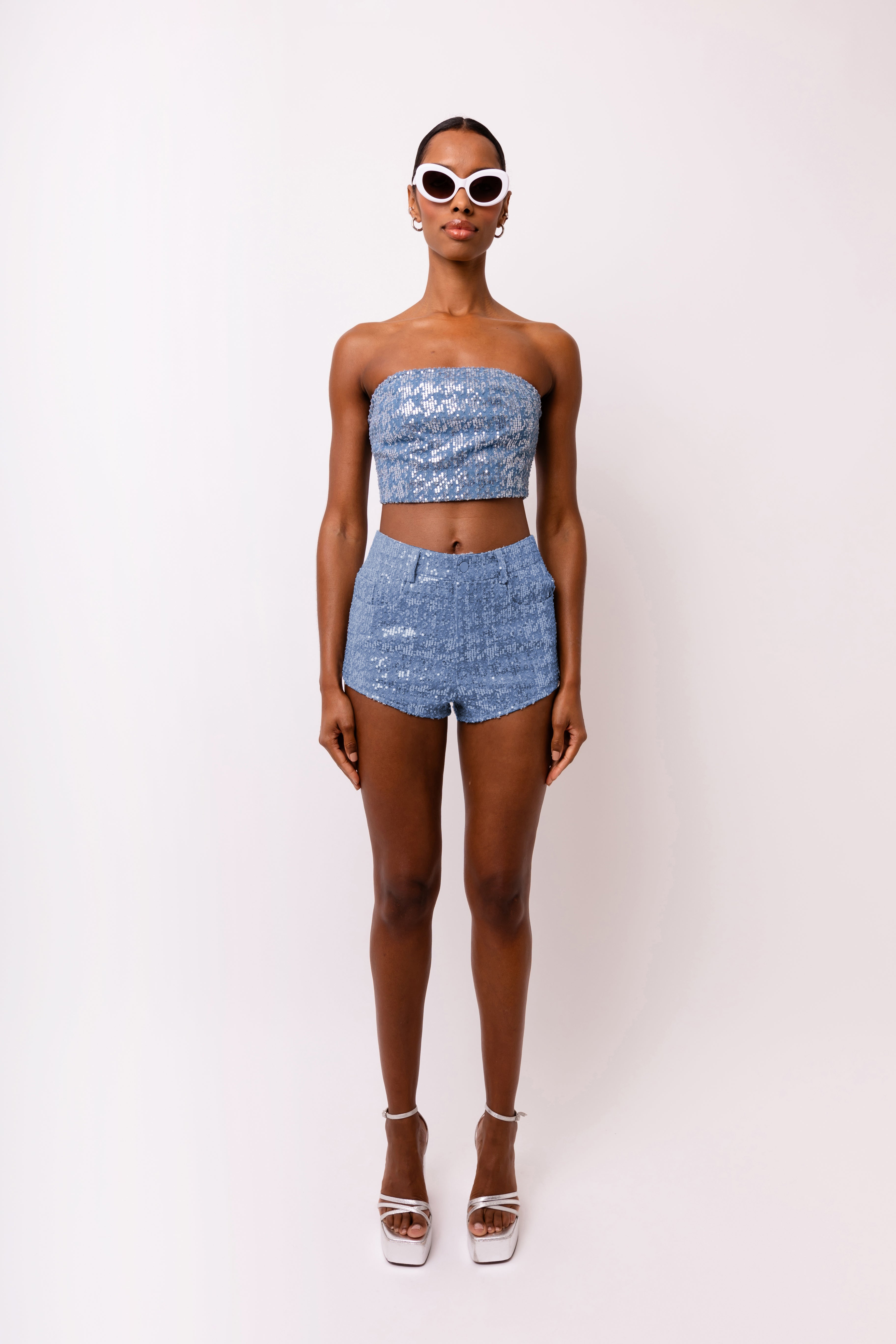 Theo Denim Cropped Sequinned Tube Top | AMYLYNN