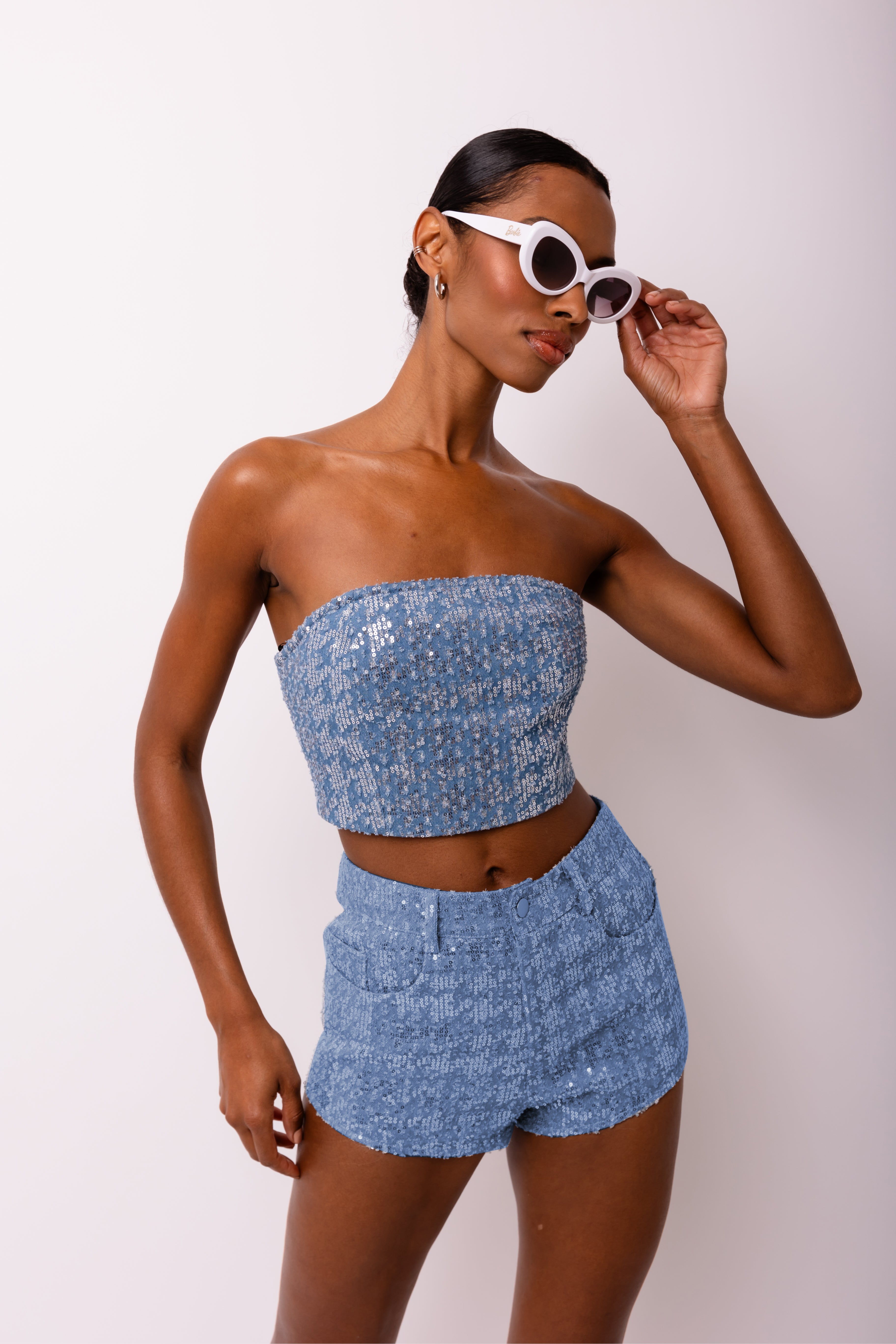 Theo Denim Cropped Sequinned Tube Top | AMYLYNN
