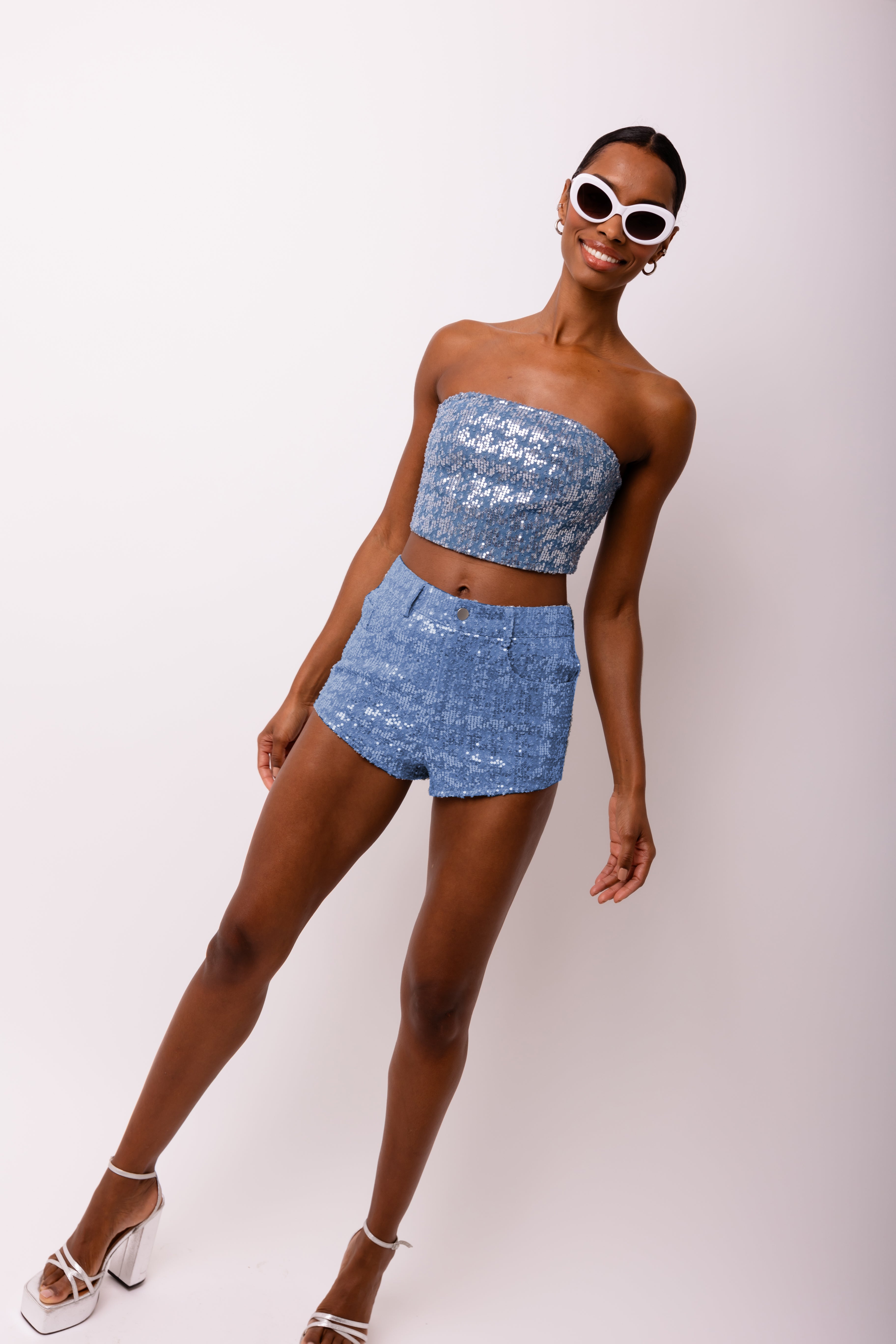 Theo Denim Cropped Sequinned Tube Top | AMYLYNN