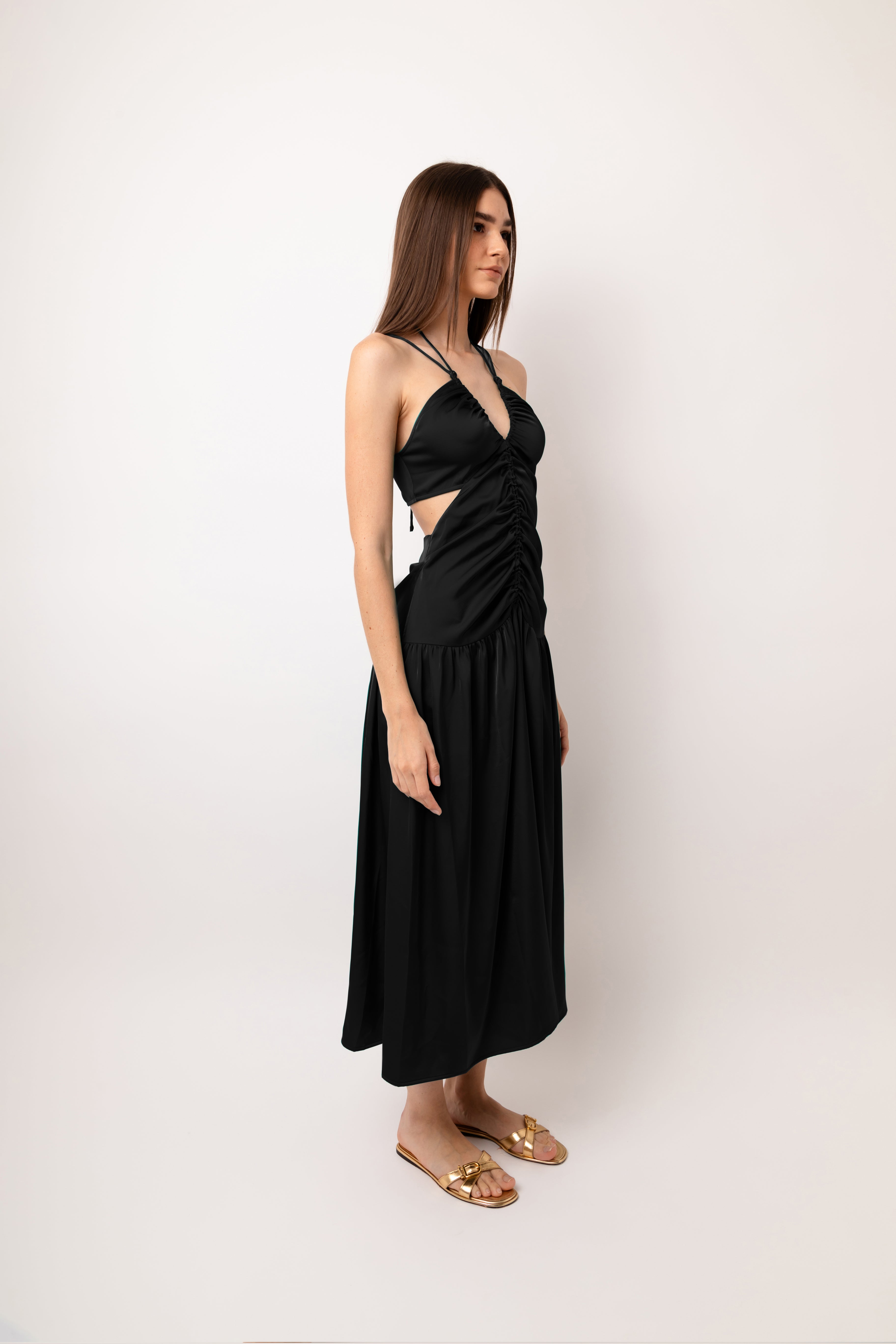 Freya Black Satin Ruched Midi Dress