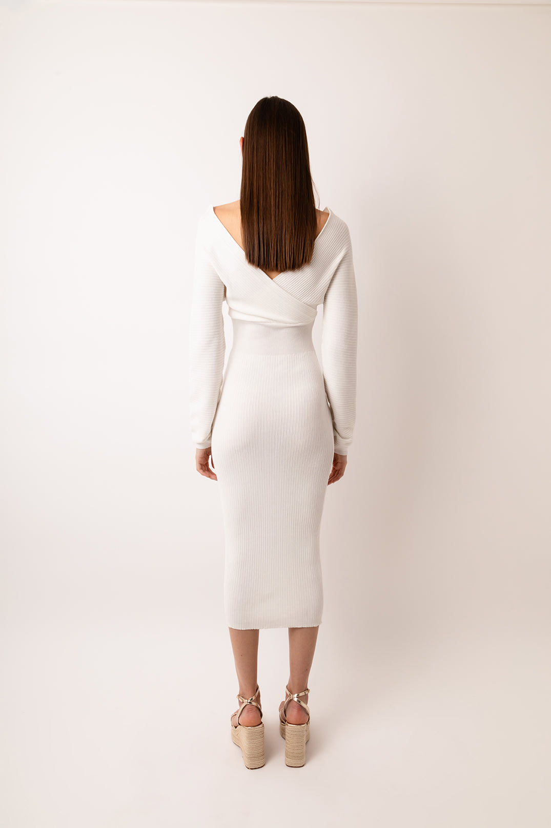 Adelaide White Cross Wrap Ribbed Knit Midi Dress | AMYLYNN