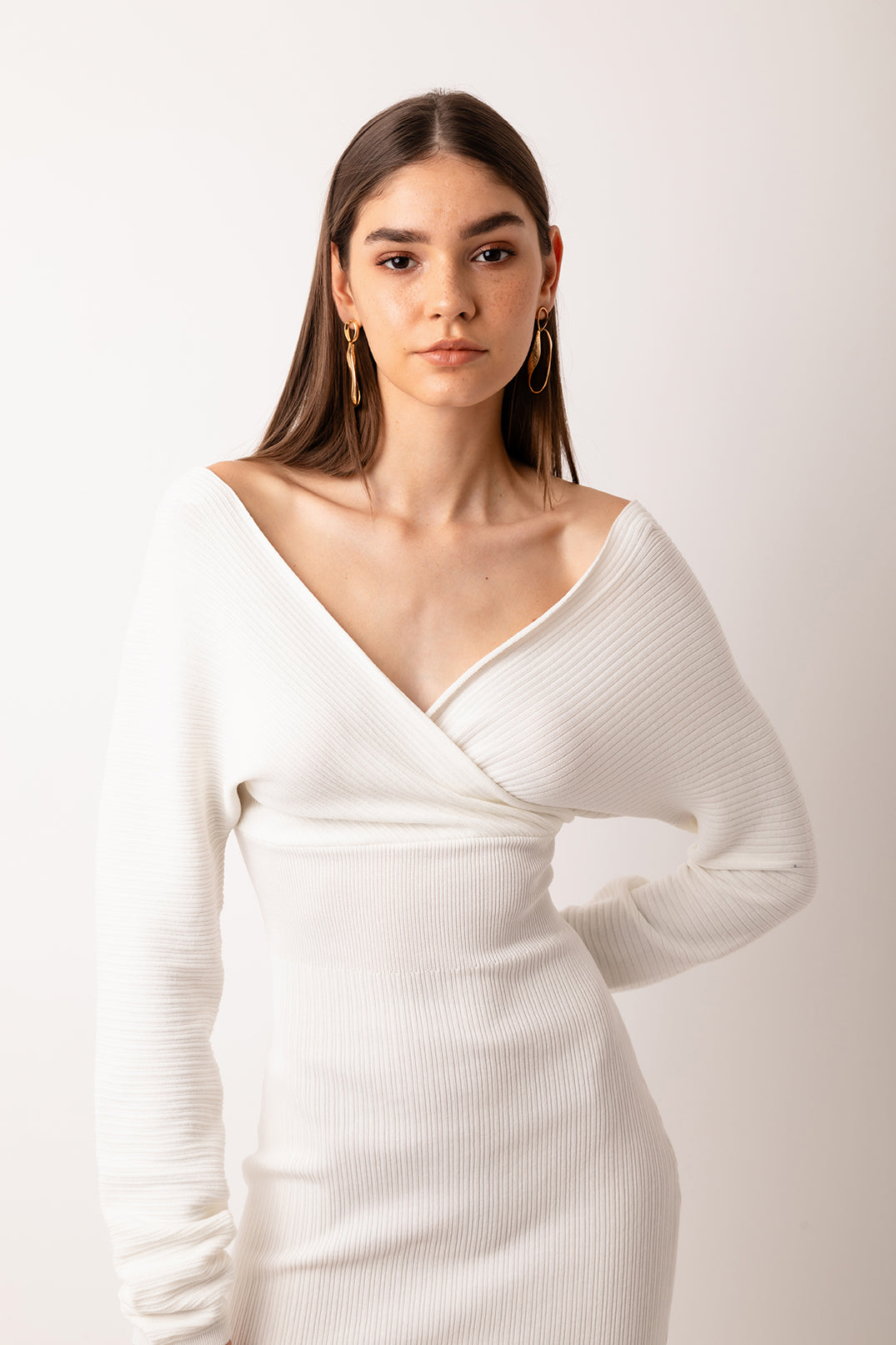 Adelaide White Cross Wrap Ribbed Knit Midi Dress | AMYLYNN