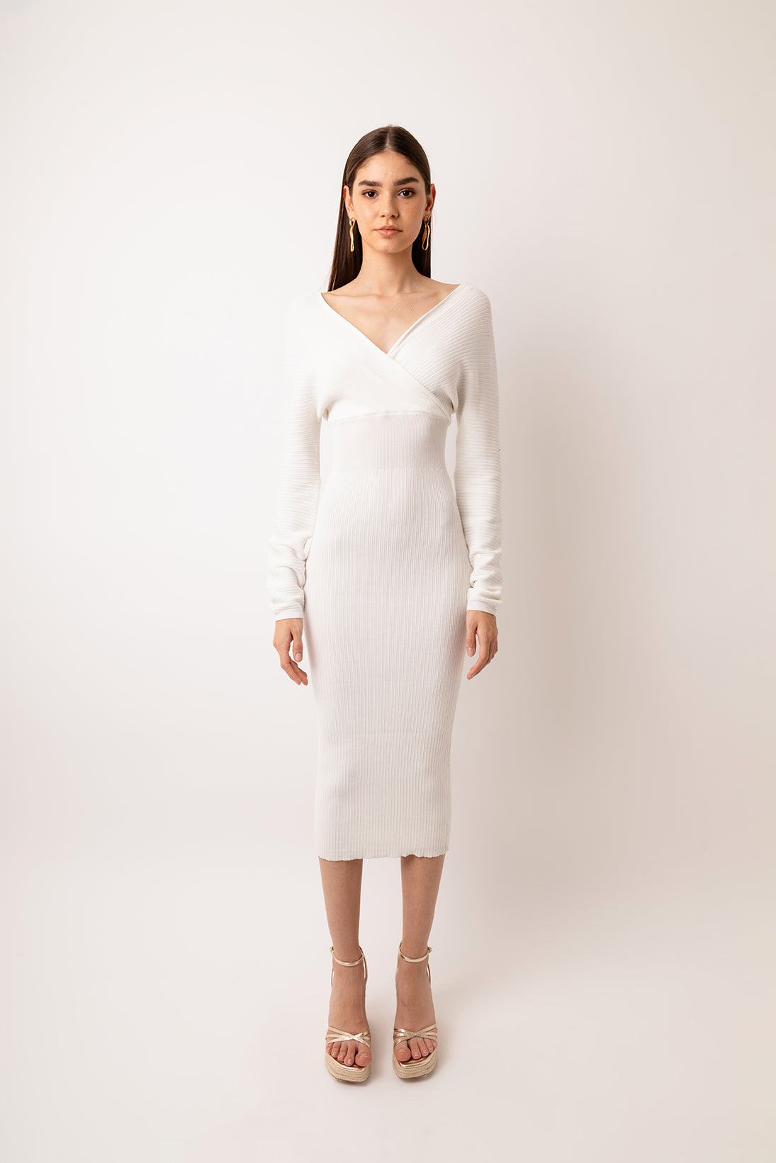 Adelaide White Cross Wrap Ribbed Knit Midi Dress | AMYLYNN