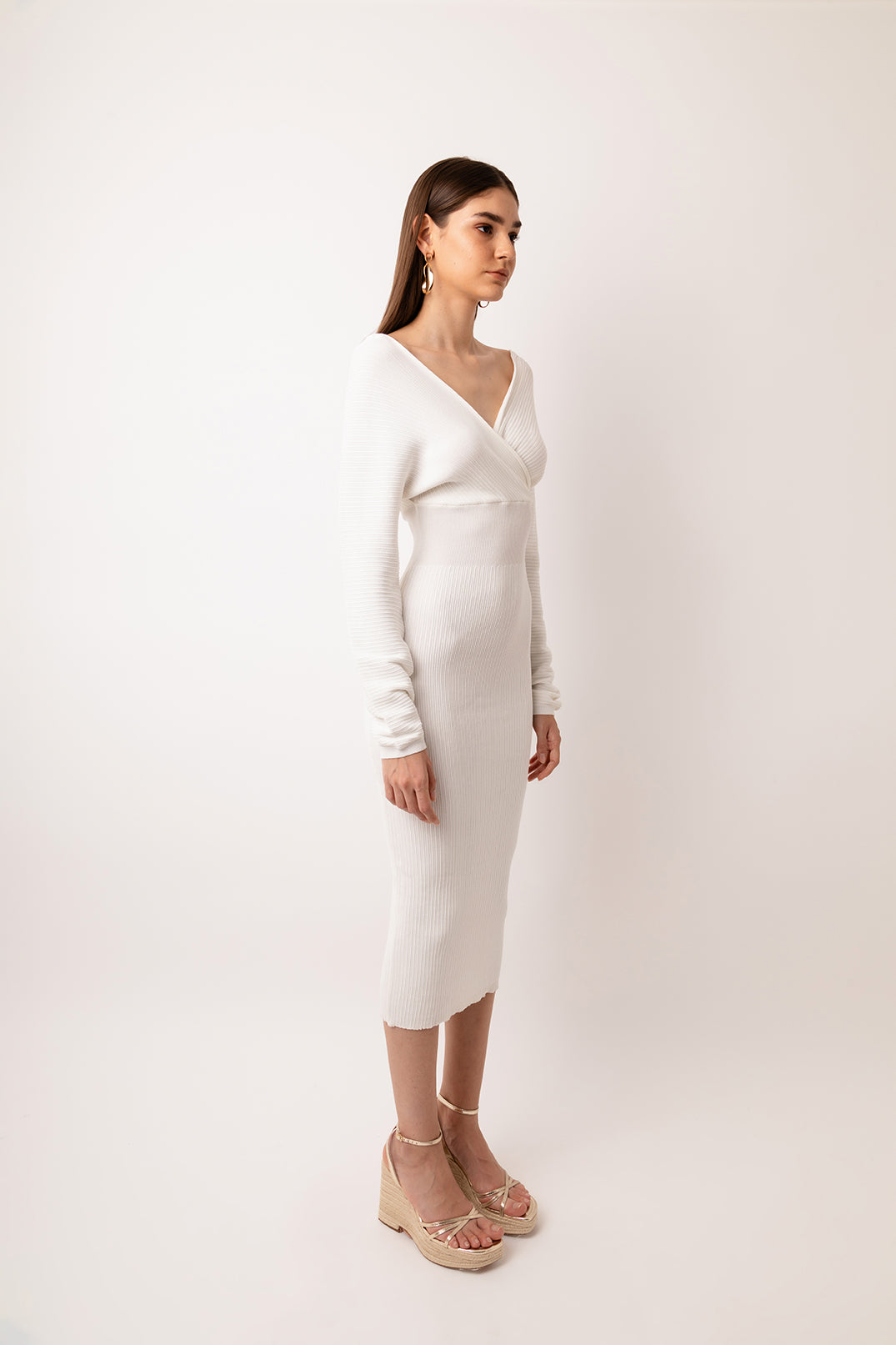 Adelaide White Cross Wrap Ribbed Knit Midi Dress | AMYLYNN