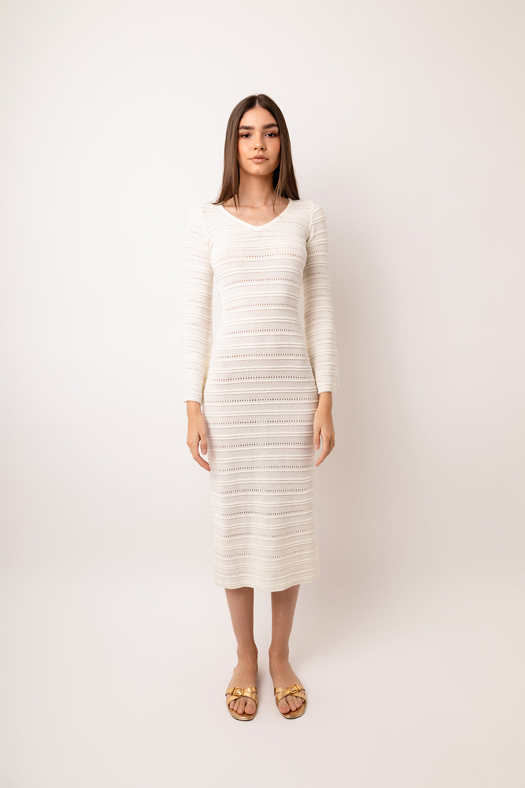 Bali Cream Knit Rib Midi Dress with Cut-out Side | AMYLYNN