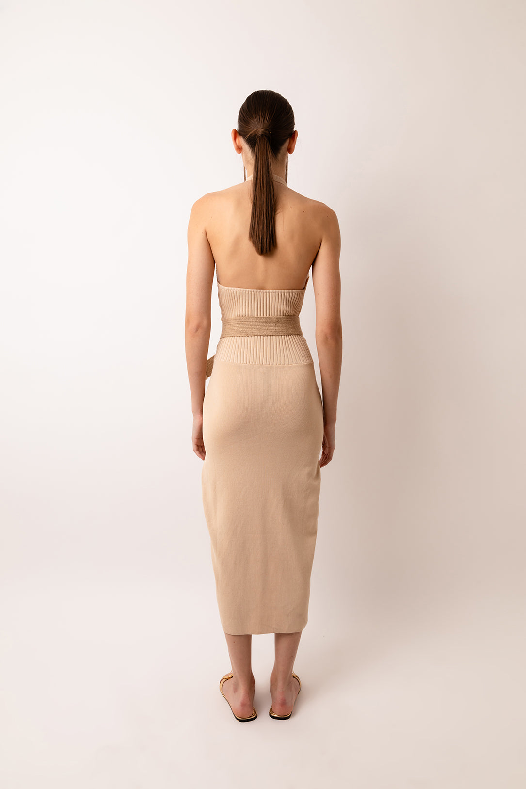 Marrakech Beige Halter-neck Knit Ribbed Midi Dress | AMYLYNN