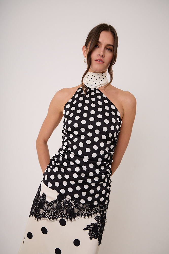 Sophie Contrast Mono Polka Dot Scarf Neck Top