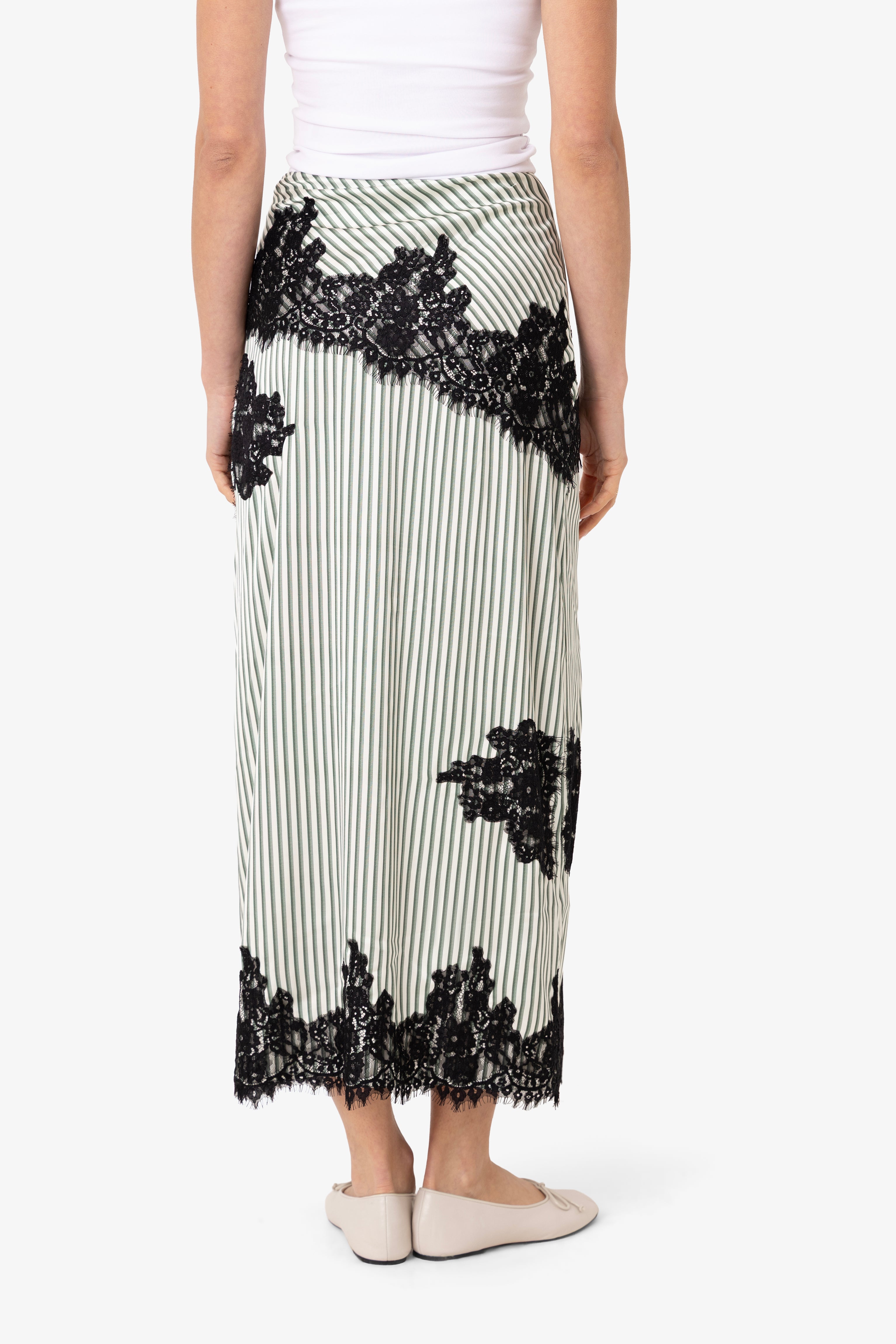 Verona Green Stripe Satin Lace Midi Skirt