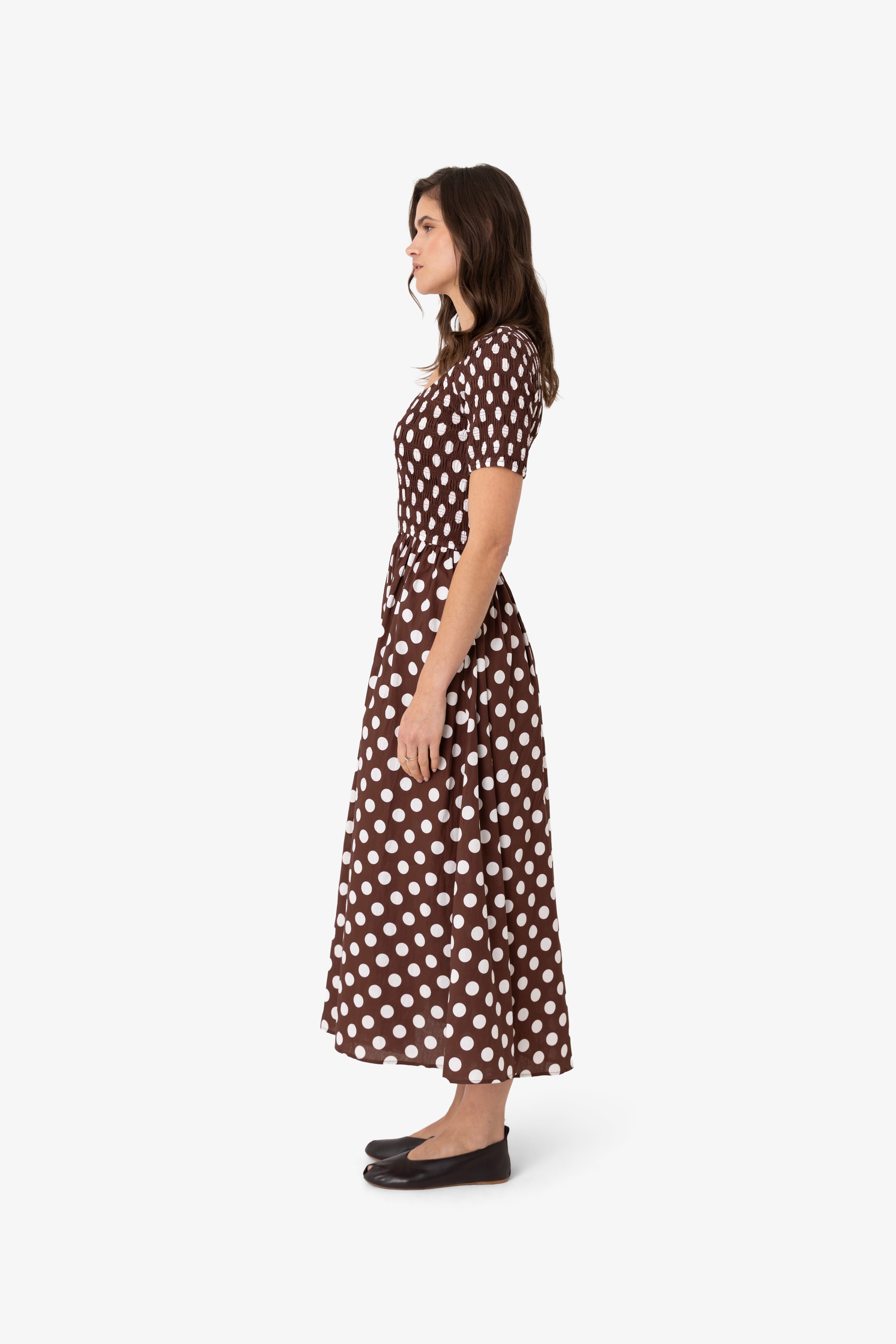 Matilda Pure Cotton Brown Polka Dot Midi Dress