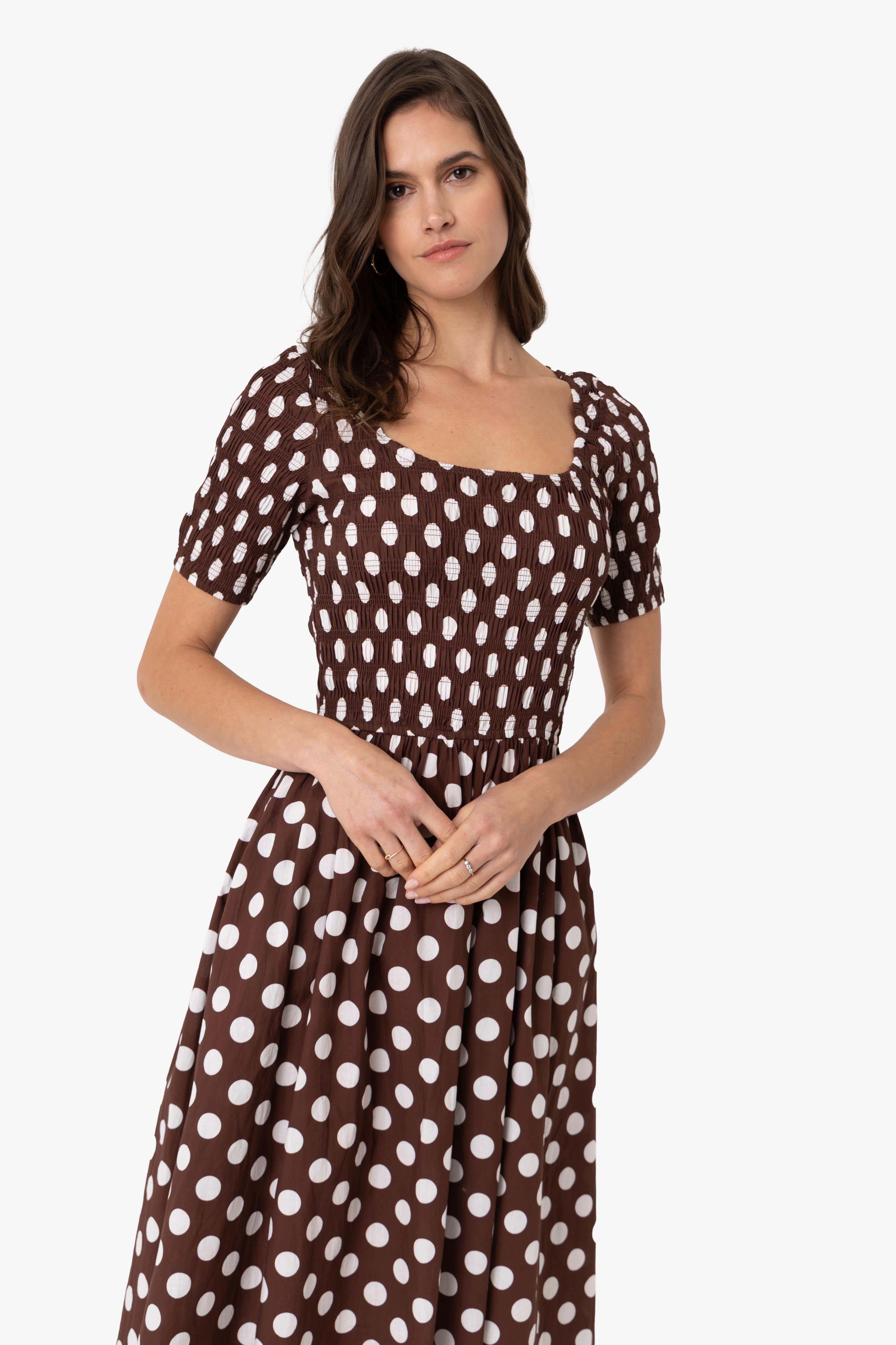 Matilda Pure Cotton Brown Polka Dot Midi Dress