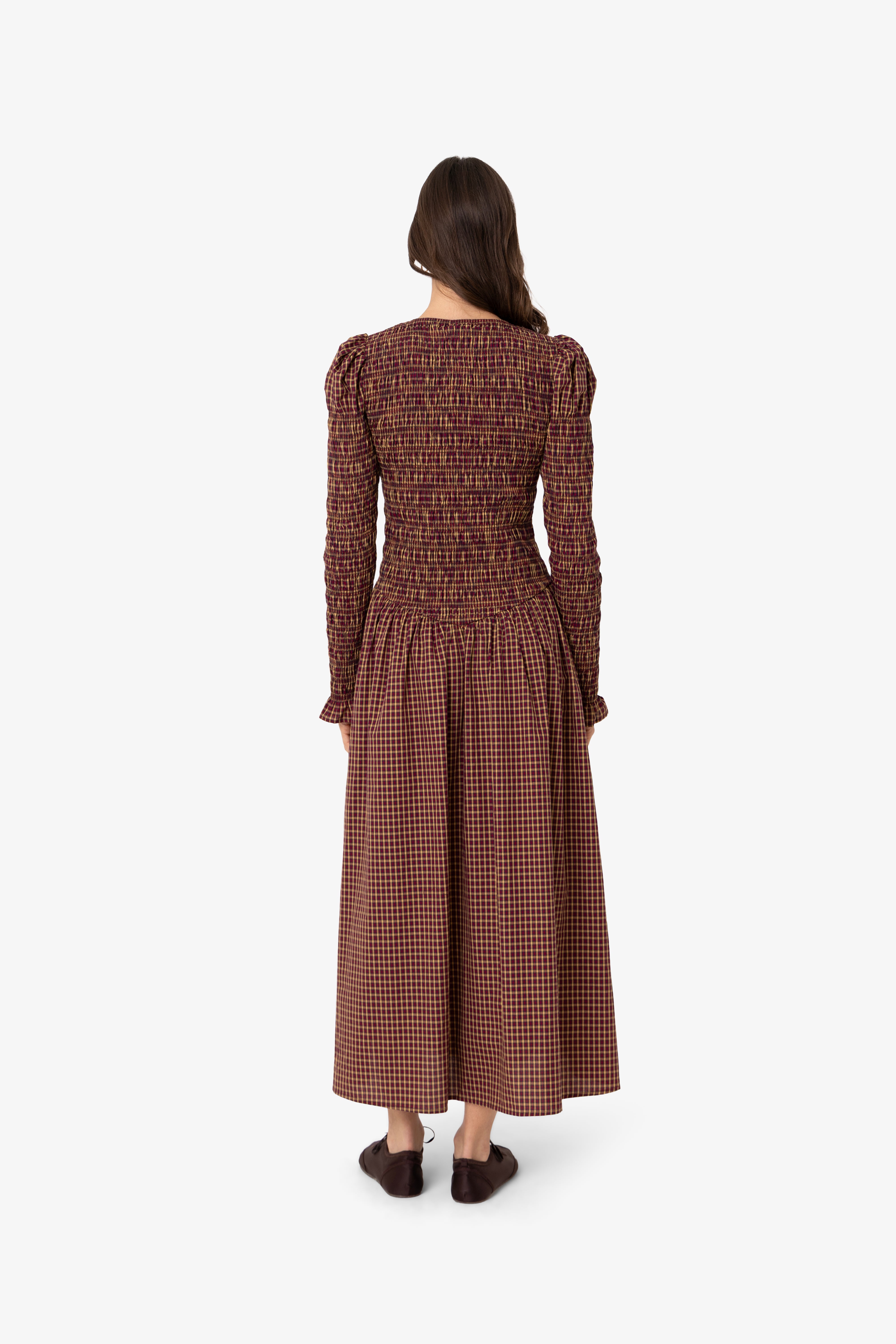 Cara Smocked Cotton Midiaxi Dress in Multi Gingham Check