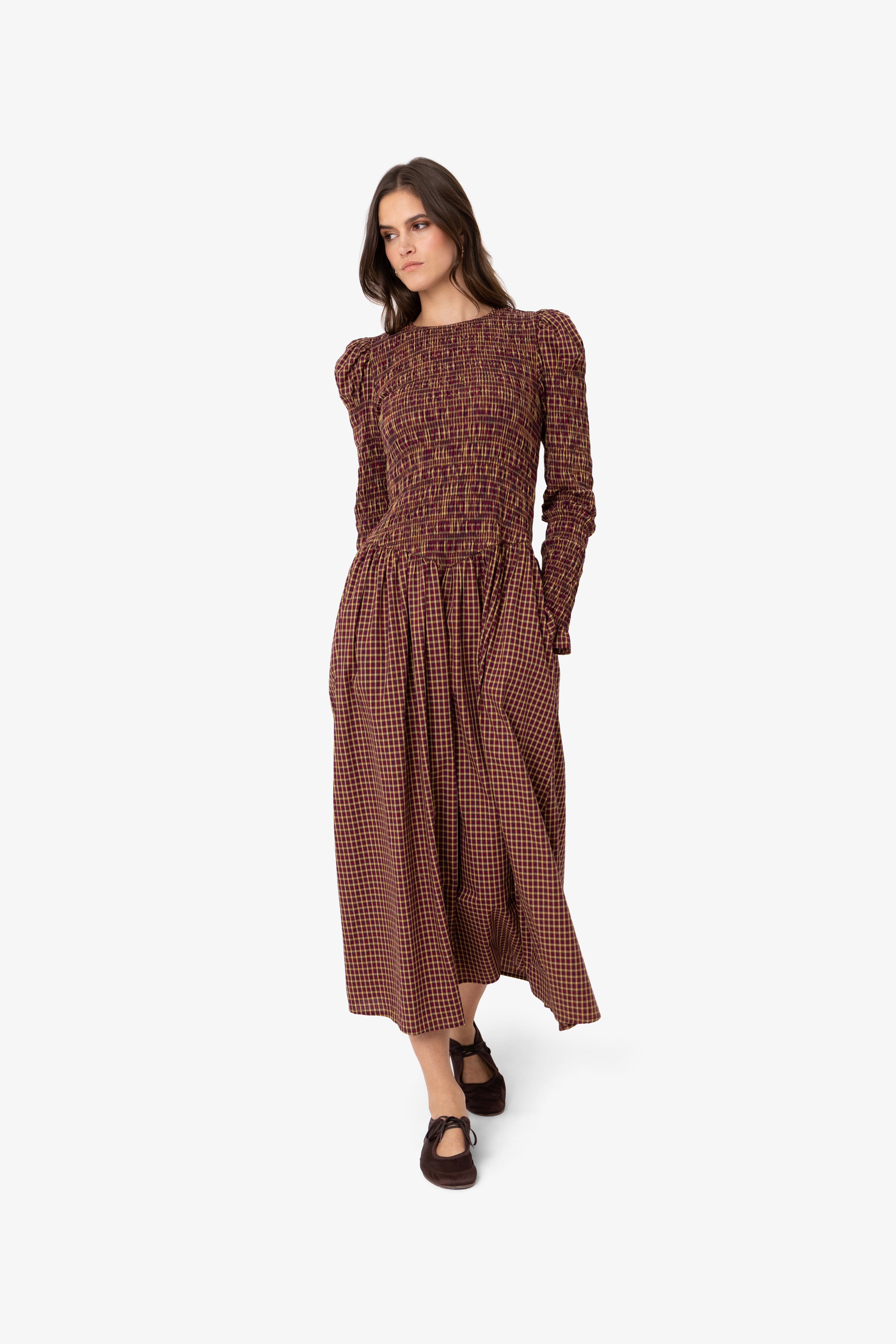 Cara Smocked Cotton Midiaxi Dress in Multi Gingham Check