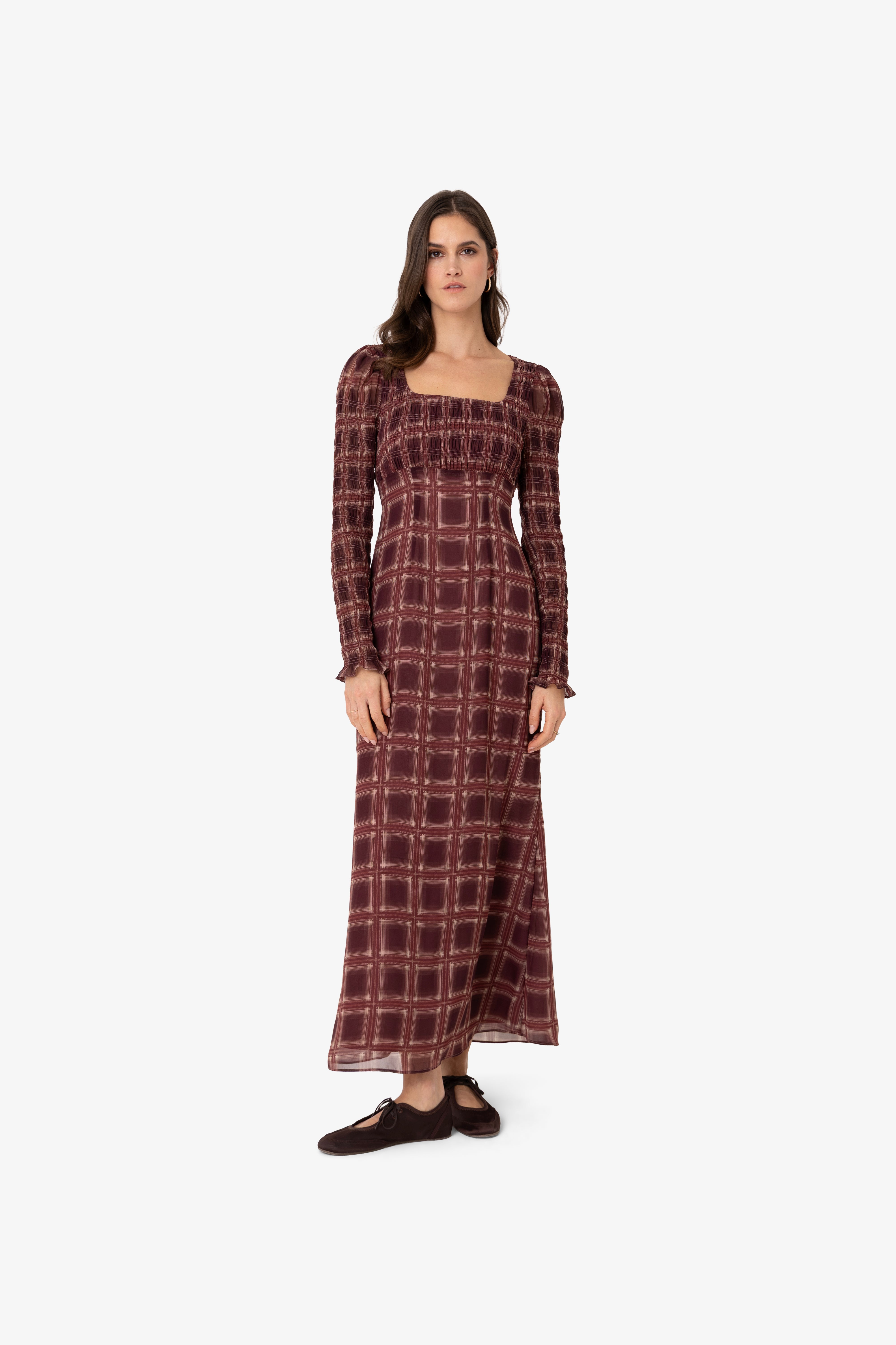 Noor Smocked Checkered Long Sleeve Column Dress