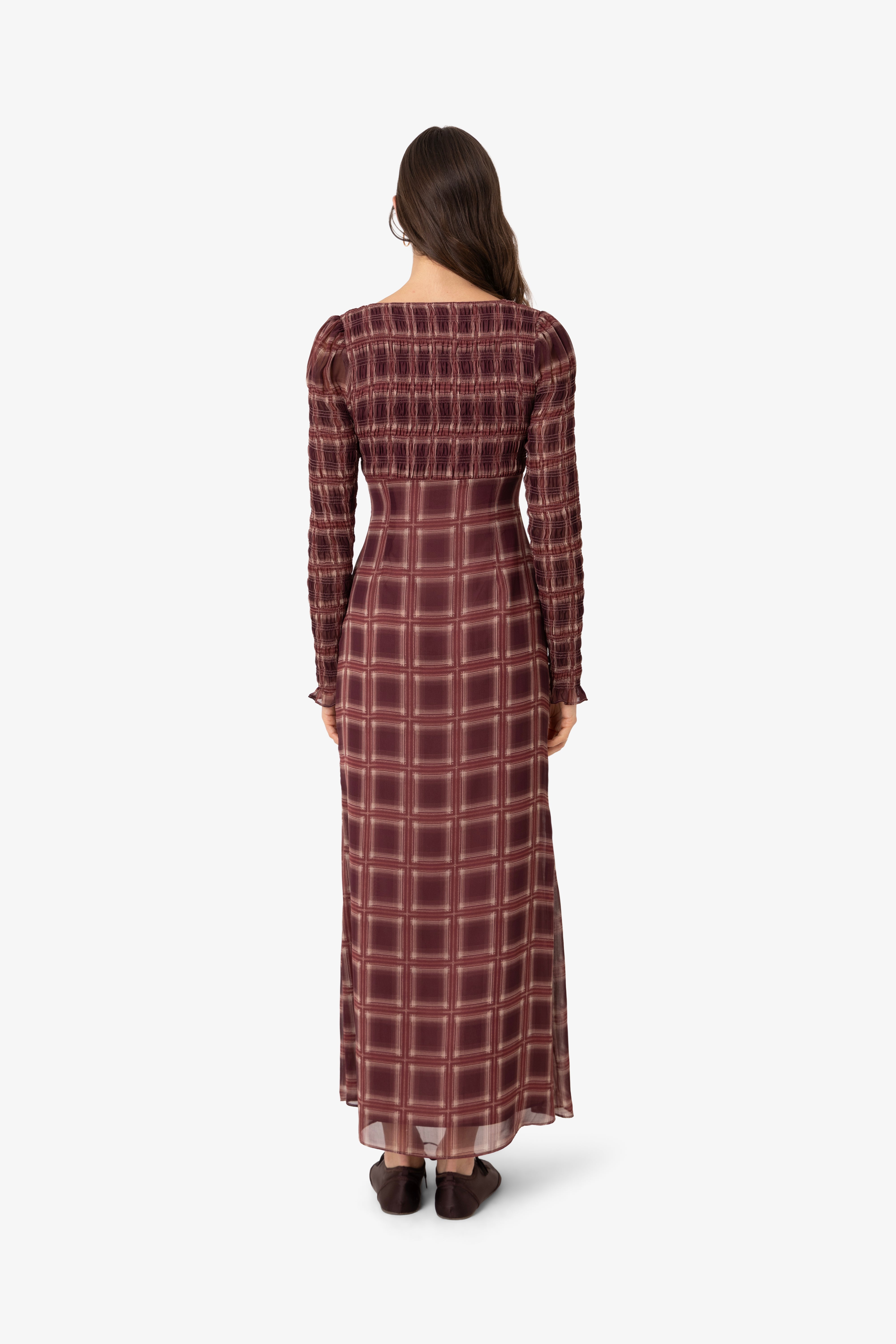 Noor Smocked Checkered Long Sleeve Column Dress