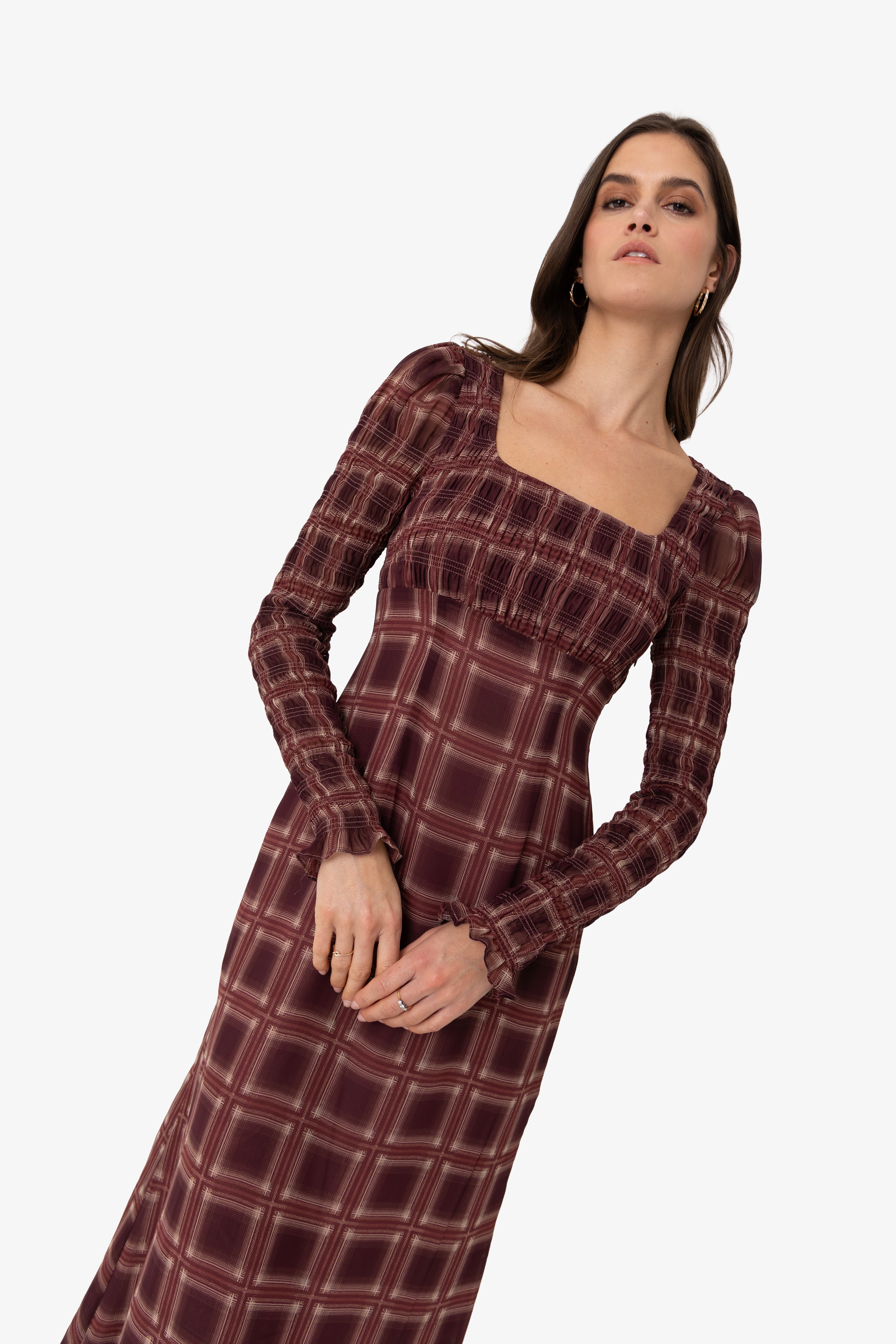 Noor Smocked Checkered Long Sleeve Column Dress