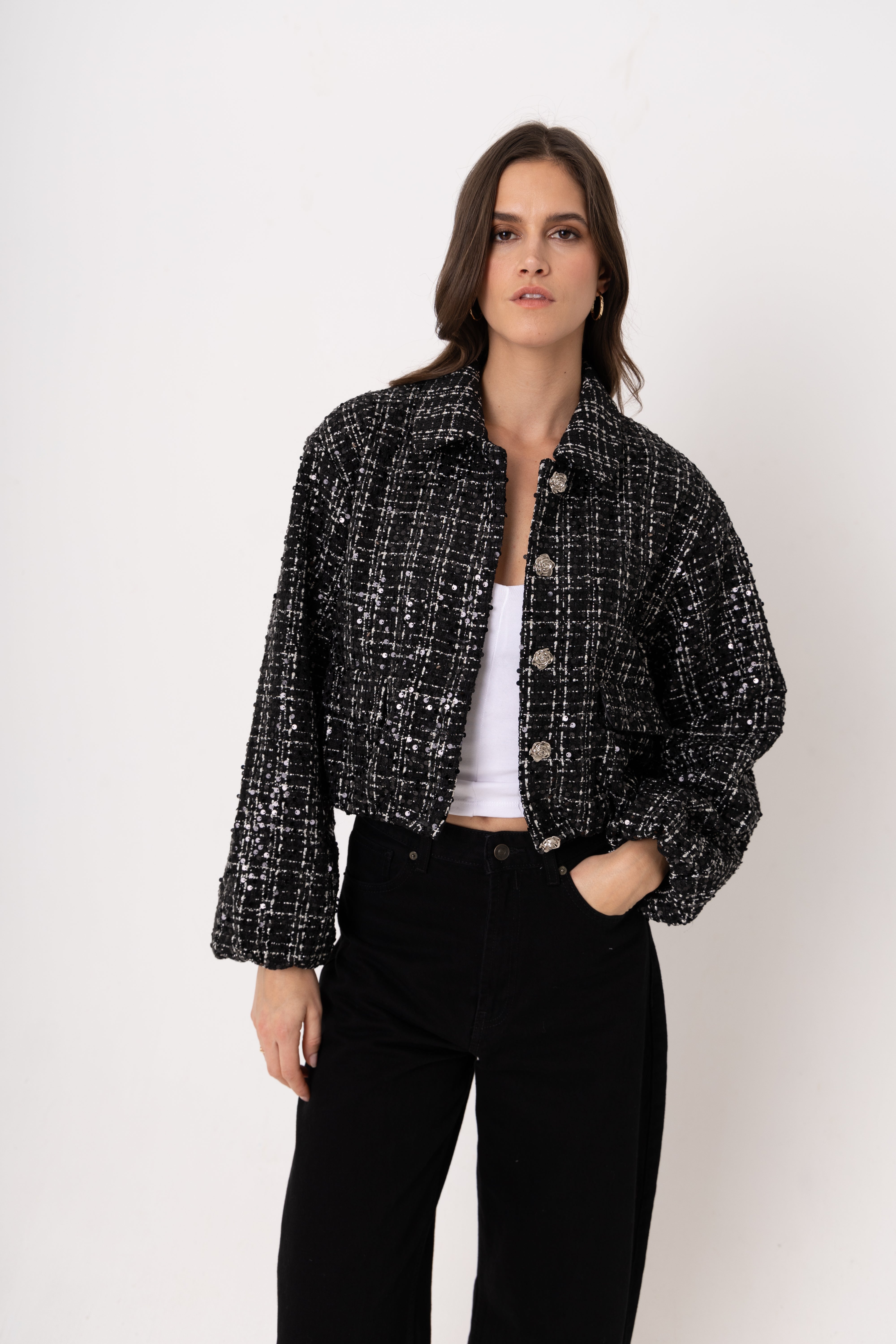 Marnie Black Sequin Boucle Cropped Jacket