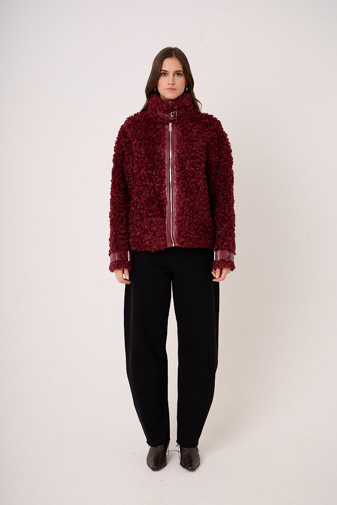 Celeste Burgundy Funnel Neck Faux Shearling Coat