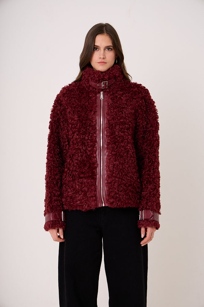 Celeste Burgundy Funnel Neck Faux Shearling Coat
