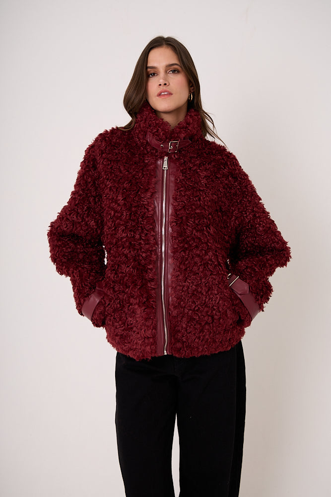 Celeste Burgundy Funnel Neck Faux Shearling Coat