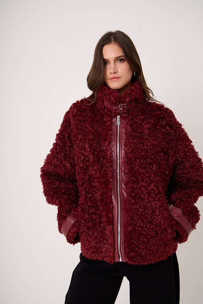 Celeste Burgundy Funnel Neck Faux Shearling Coat