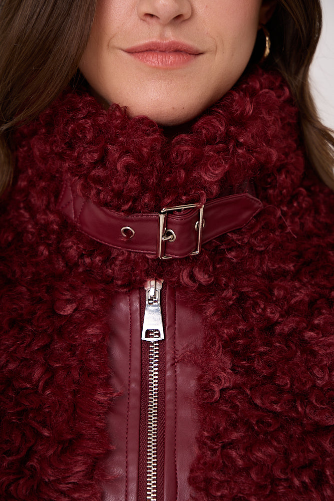 Celeste Burgundy Funnel Neck Faux Shearling Coat