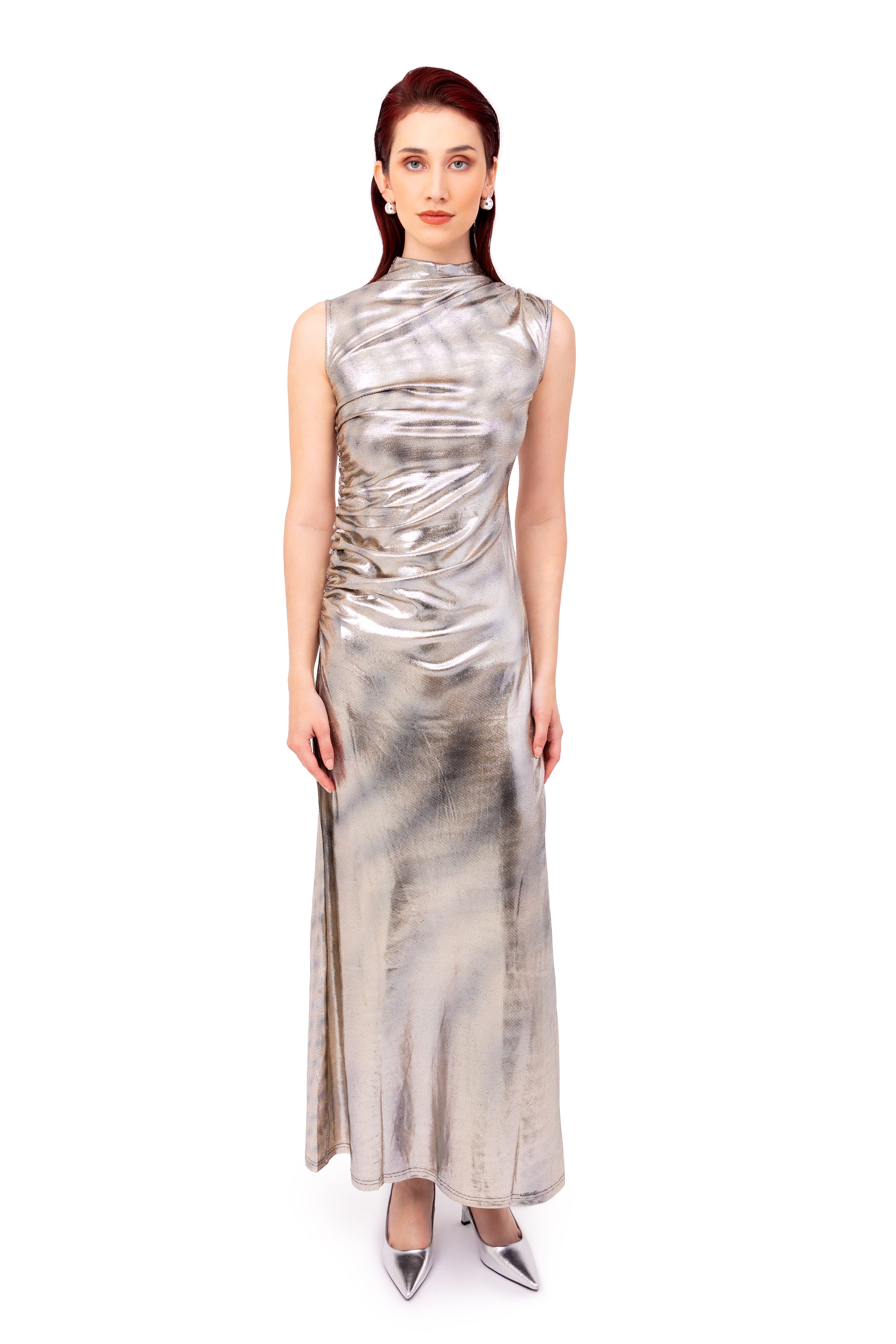 Eva Silver Snakeskin Metallic Maxi Dress