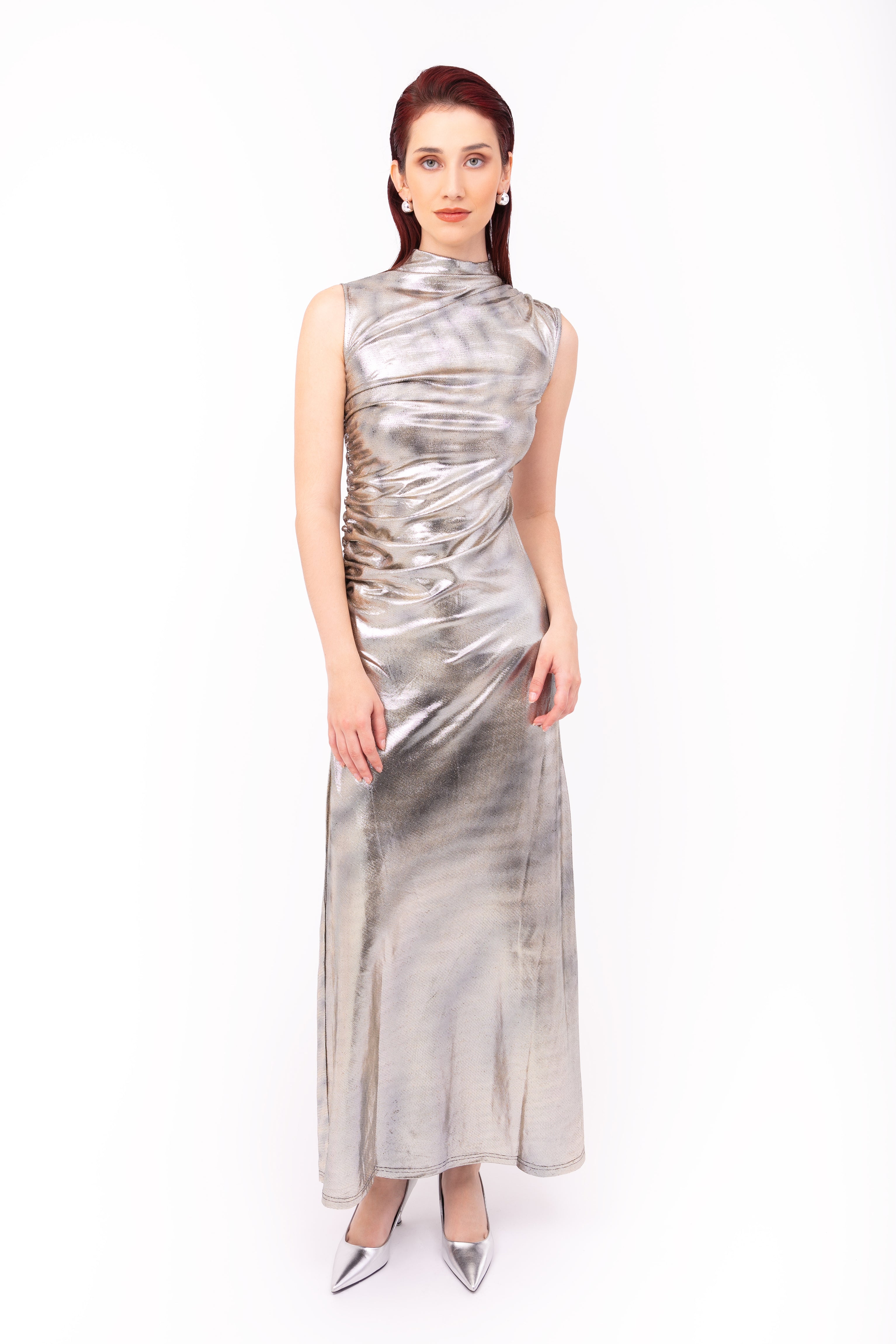 Eva Silver Snakeskin Metallic Maxi Dress