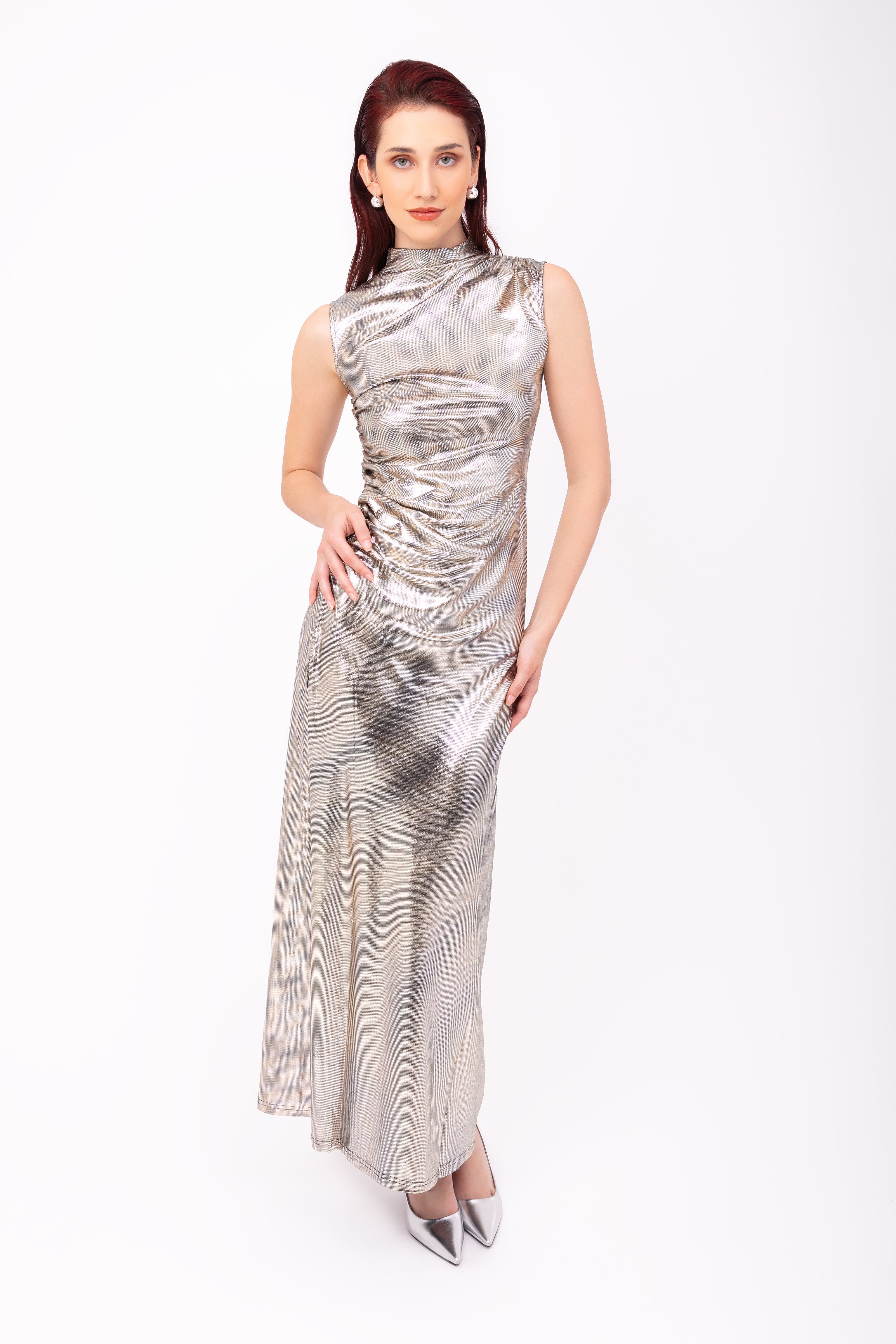 Eva Silver Snakeskin Metallic Maxi Dress