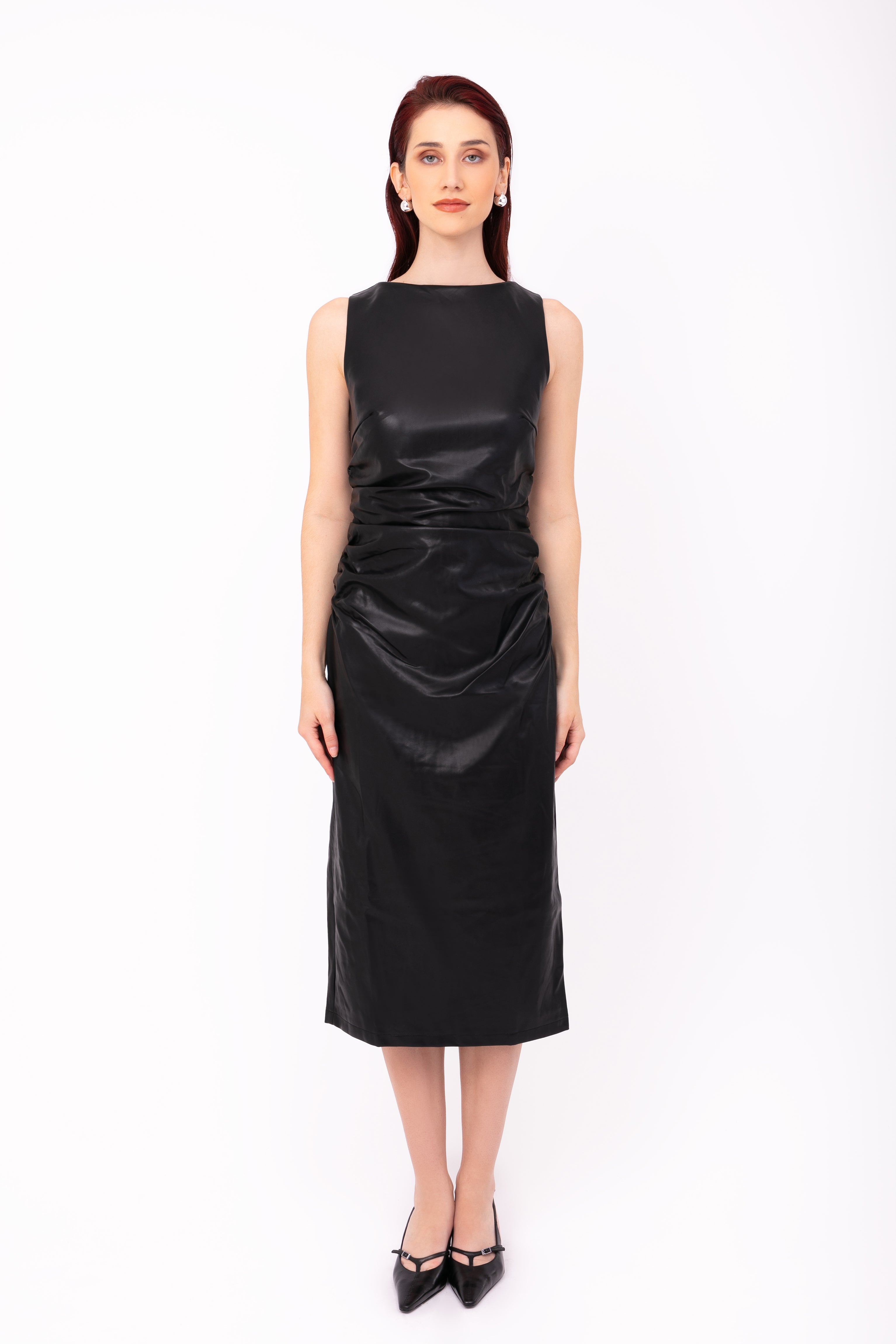 Vera Black Leather Midi Dress