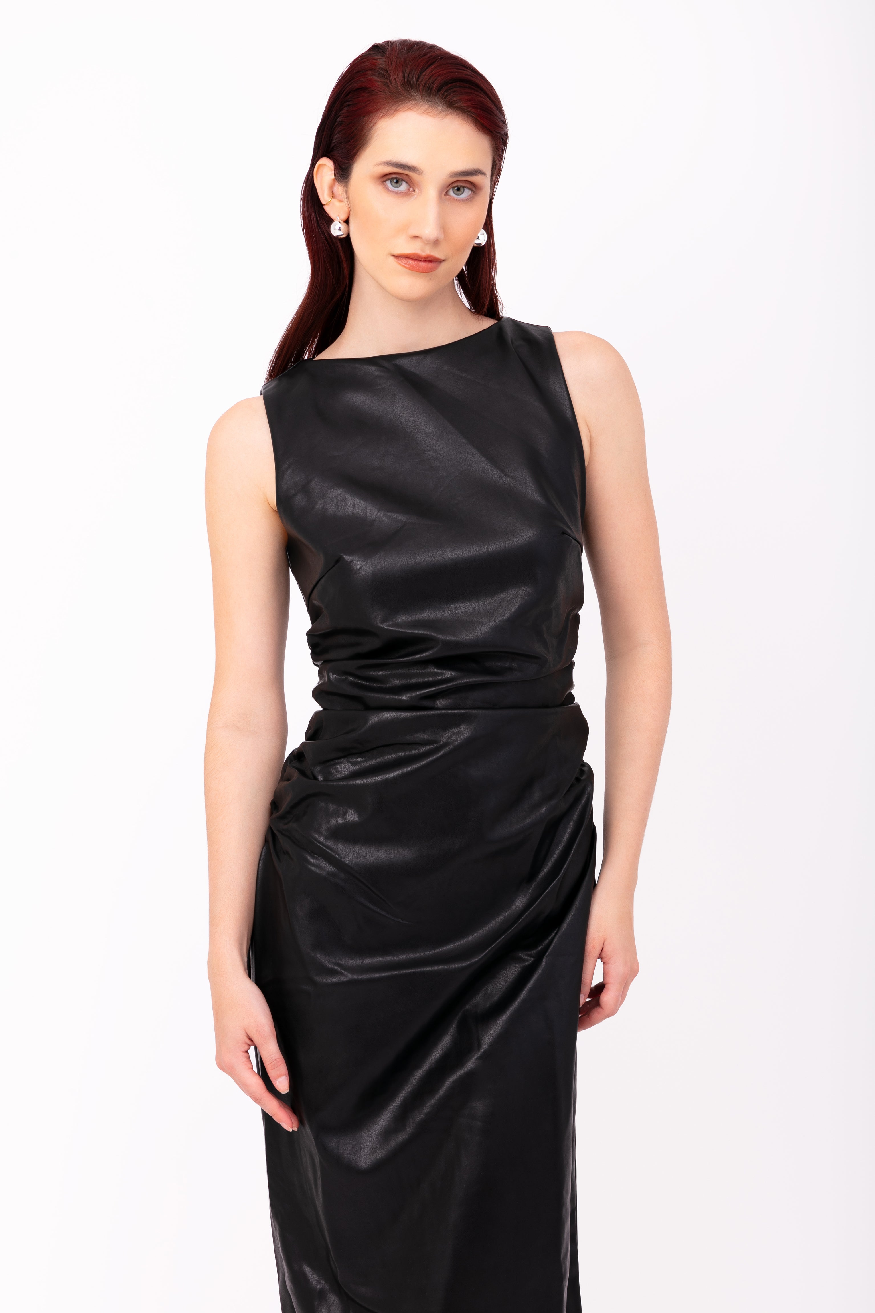 Vera Black Leather Midi Dress