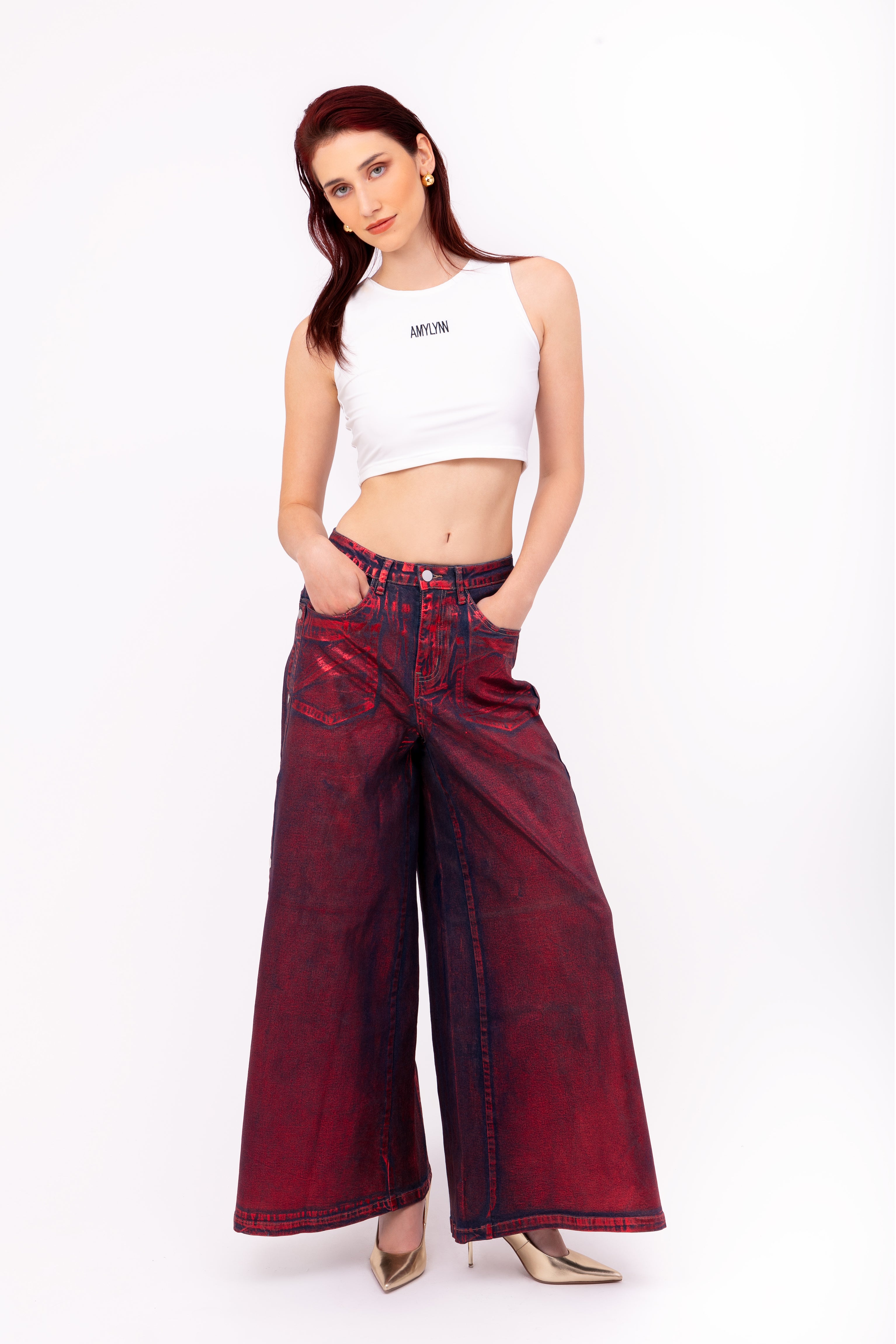 Wren Red Foil Coated Denim Trousers