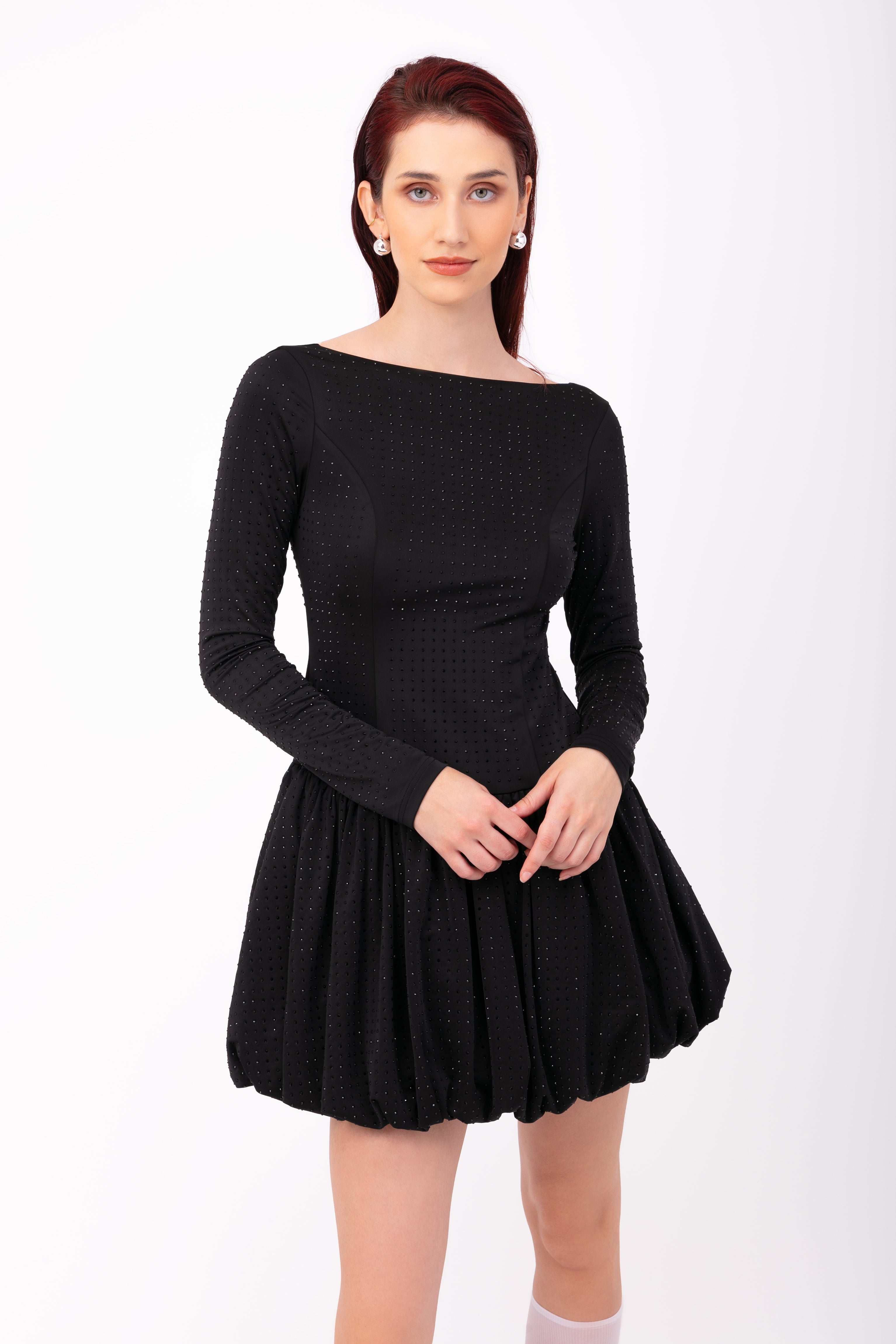 Deva Black Embellished Puffball Mini Dress