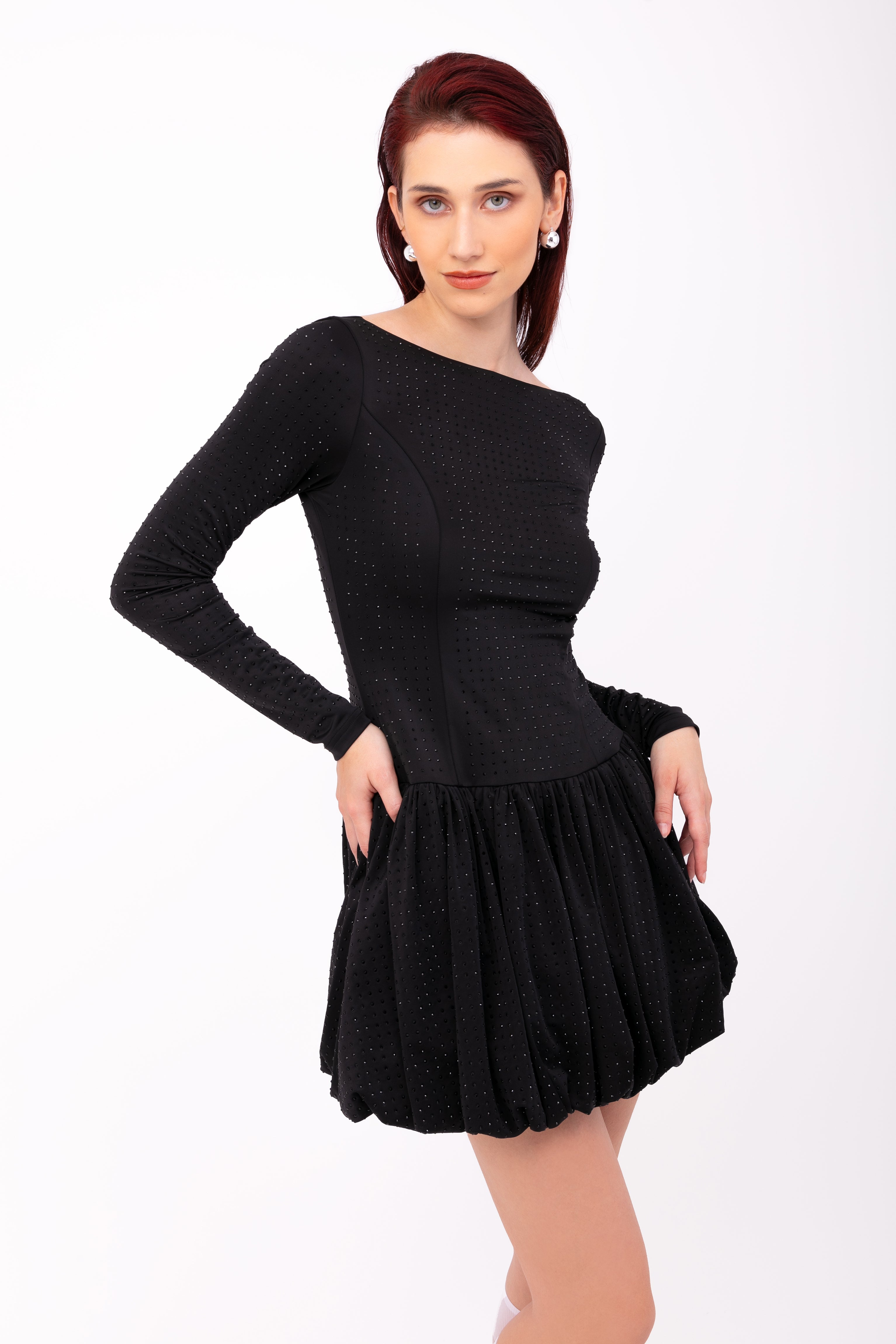 Deva Black Embellished Puffball Mini Dress