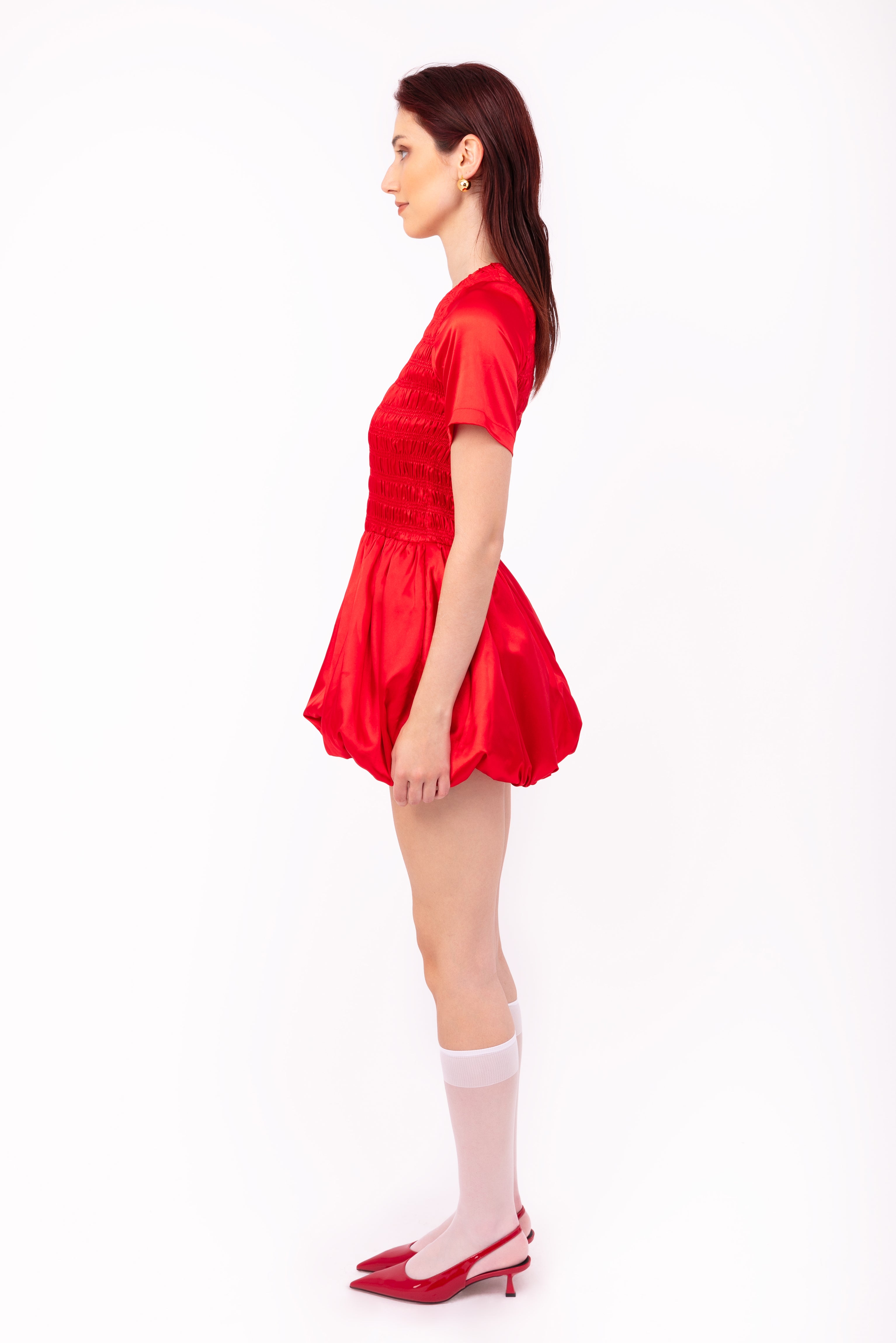 Eleanor Red Satin Puffball Ultra Mini Dress
