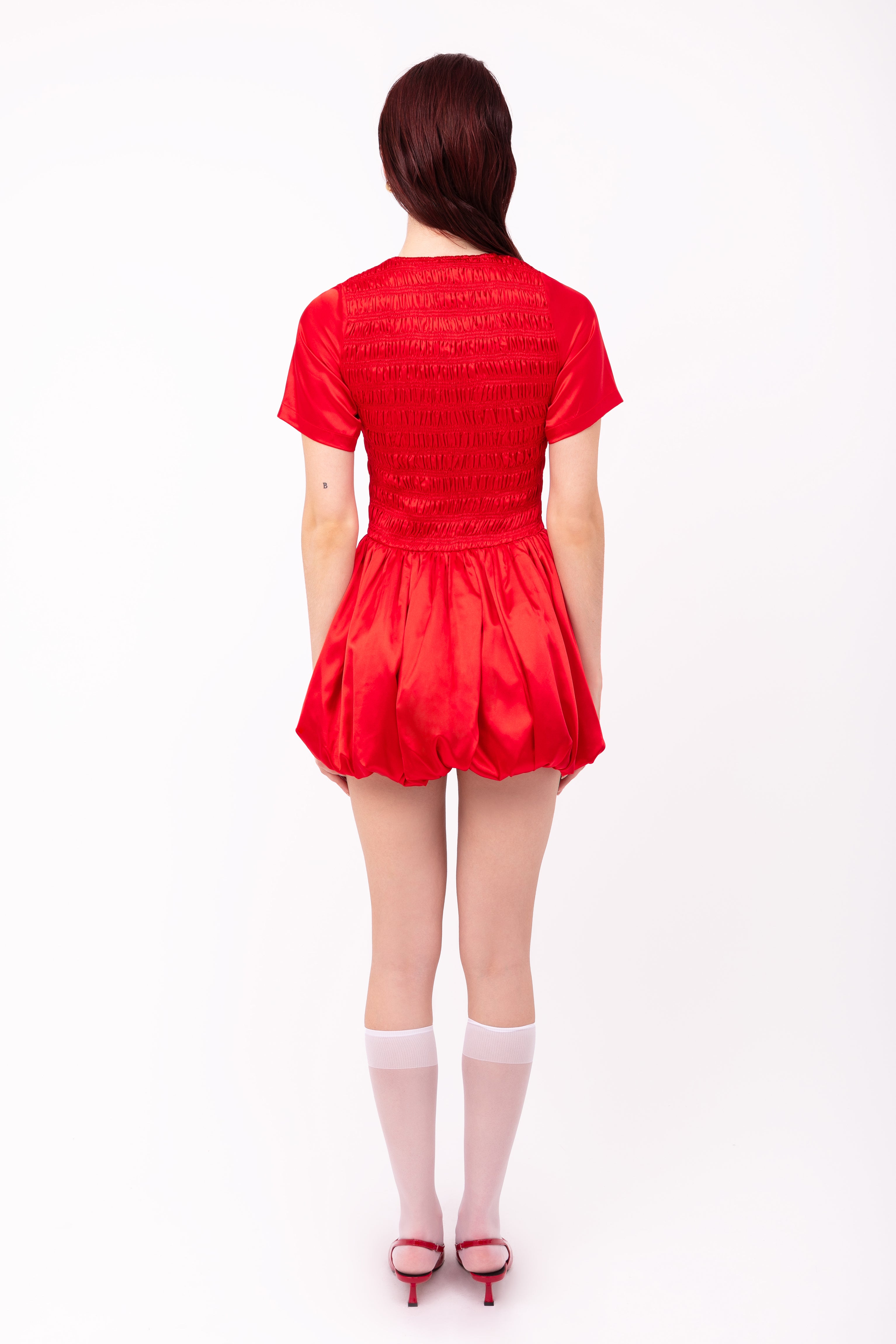 Eleanor Red Satin Puffball Ultra Mini Dress