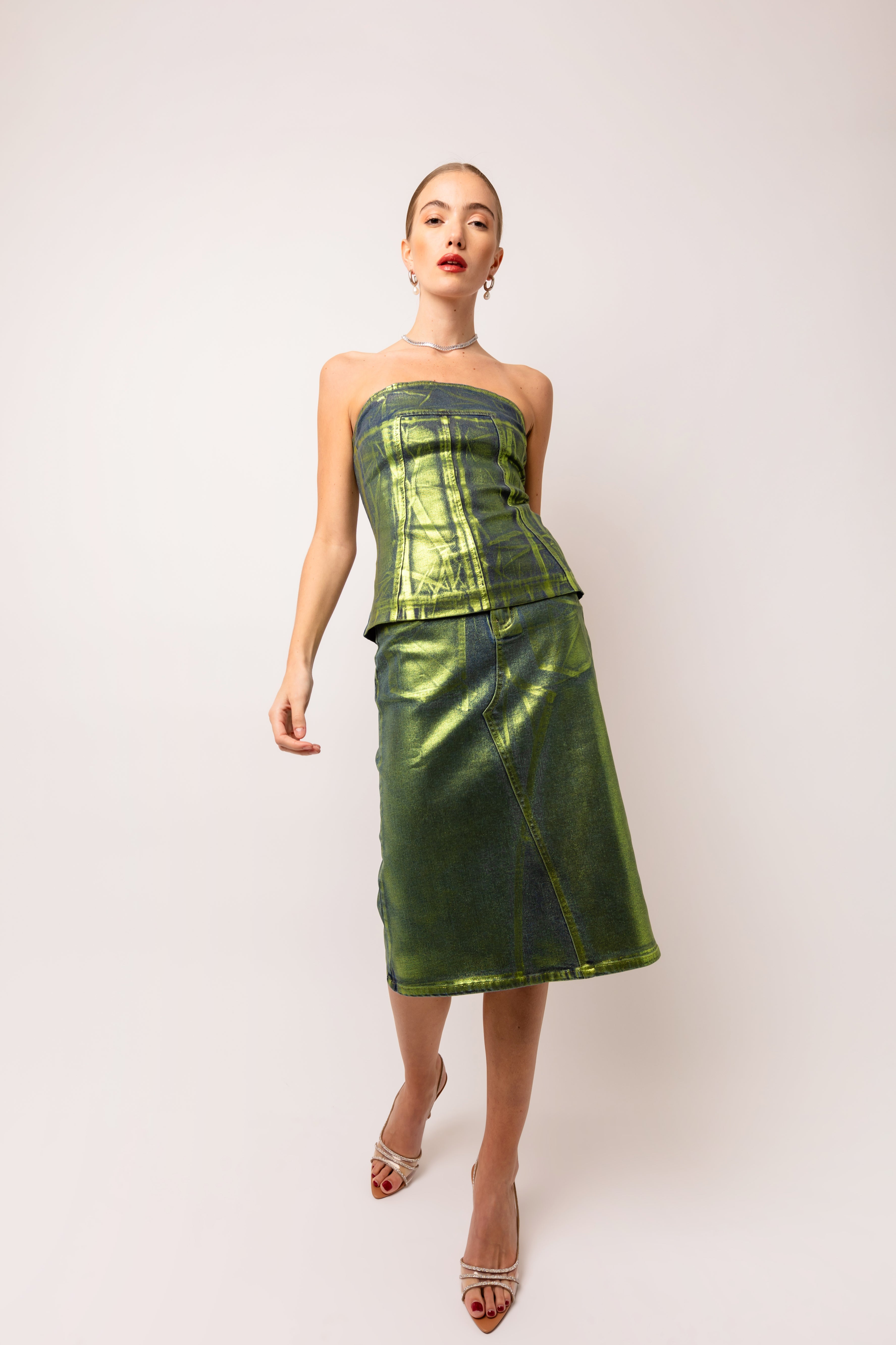 Clara Green Denim Foil Coated Midi Skirt