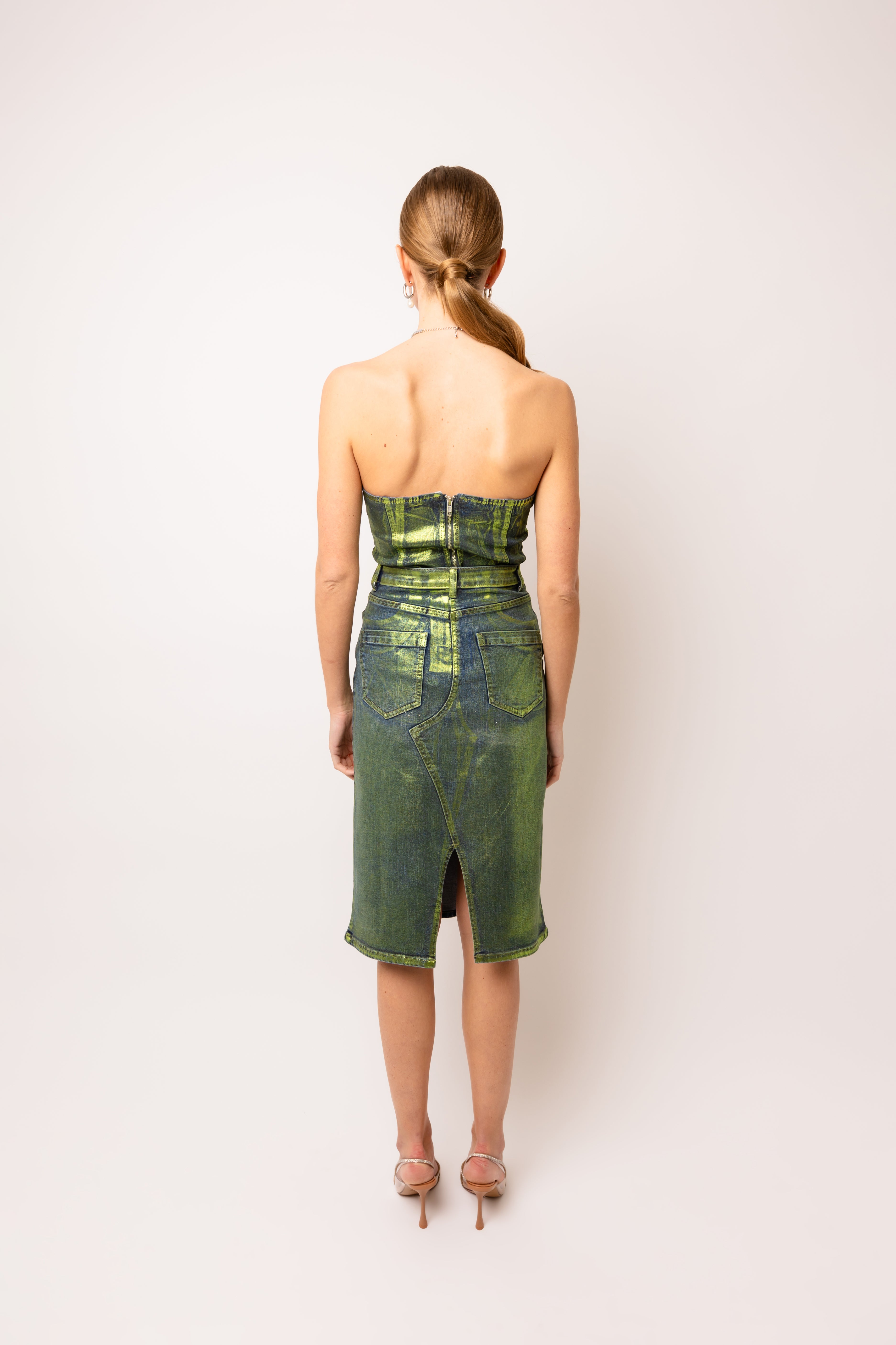 Clara Green Denim Foil Coated Midi Skirt