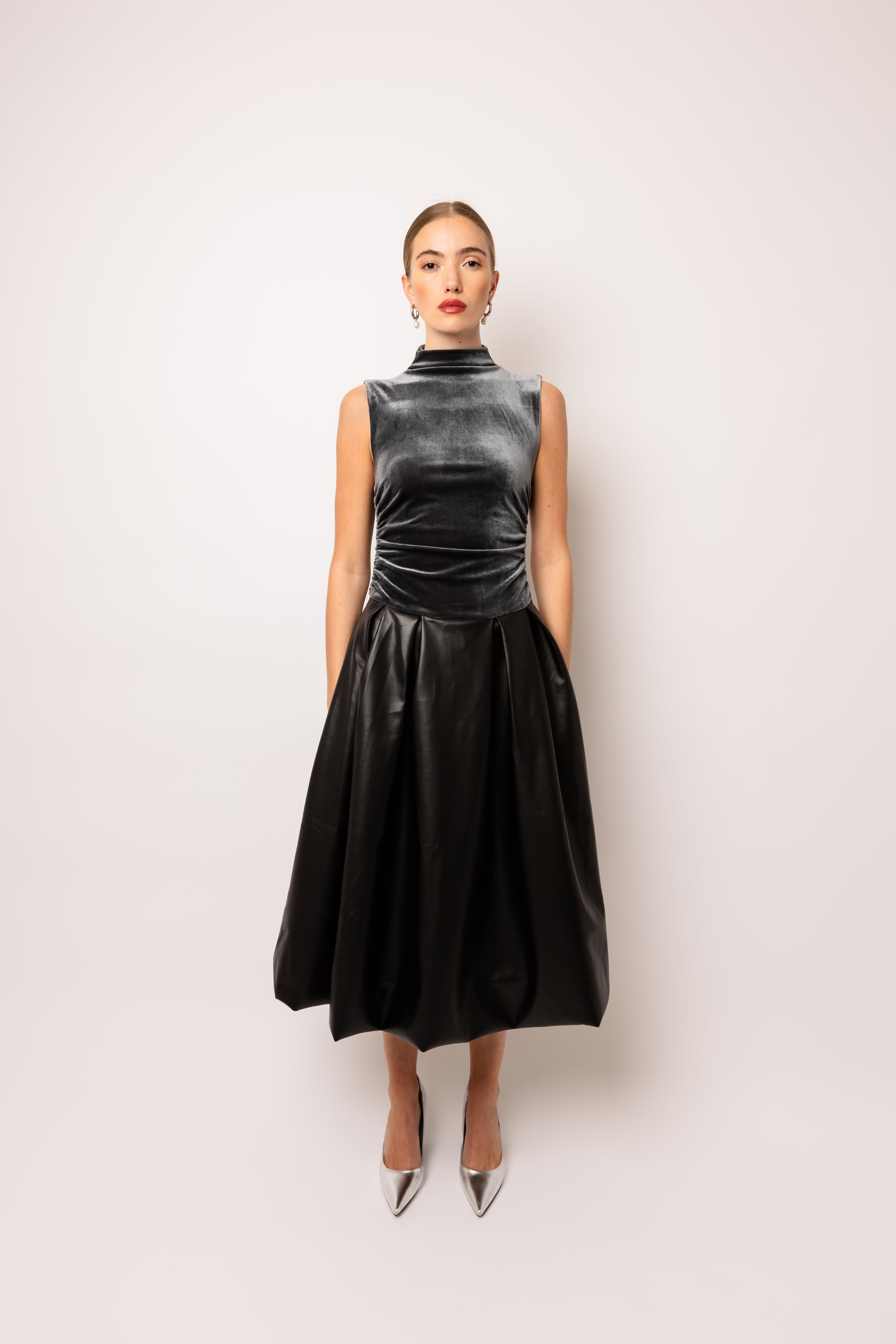 Autumn Graphite Puffball Midi Dress