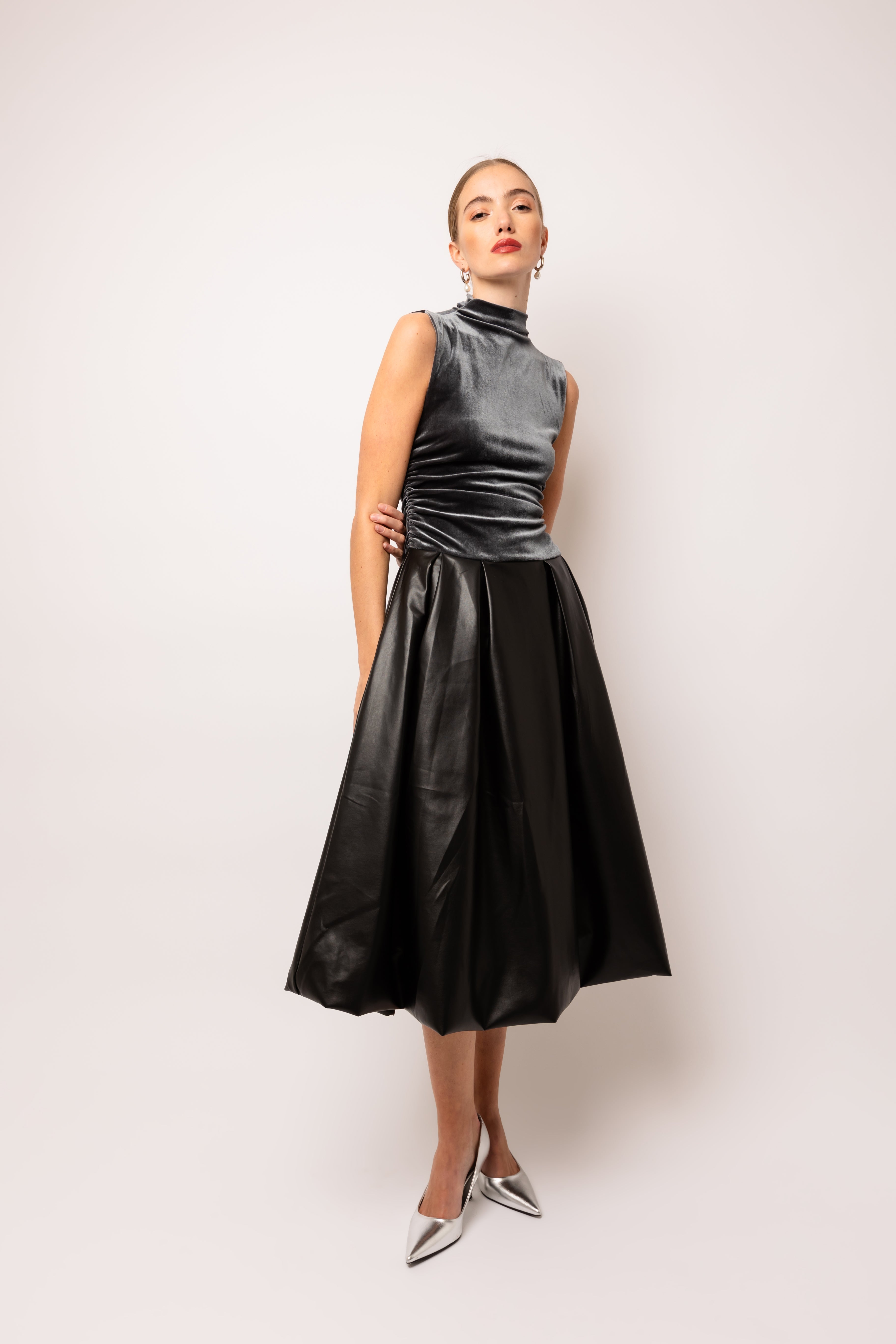 Autumn Graphite Puffball Midi Dress
