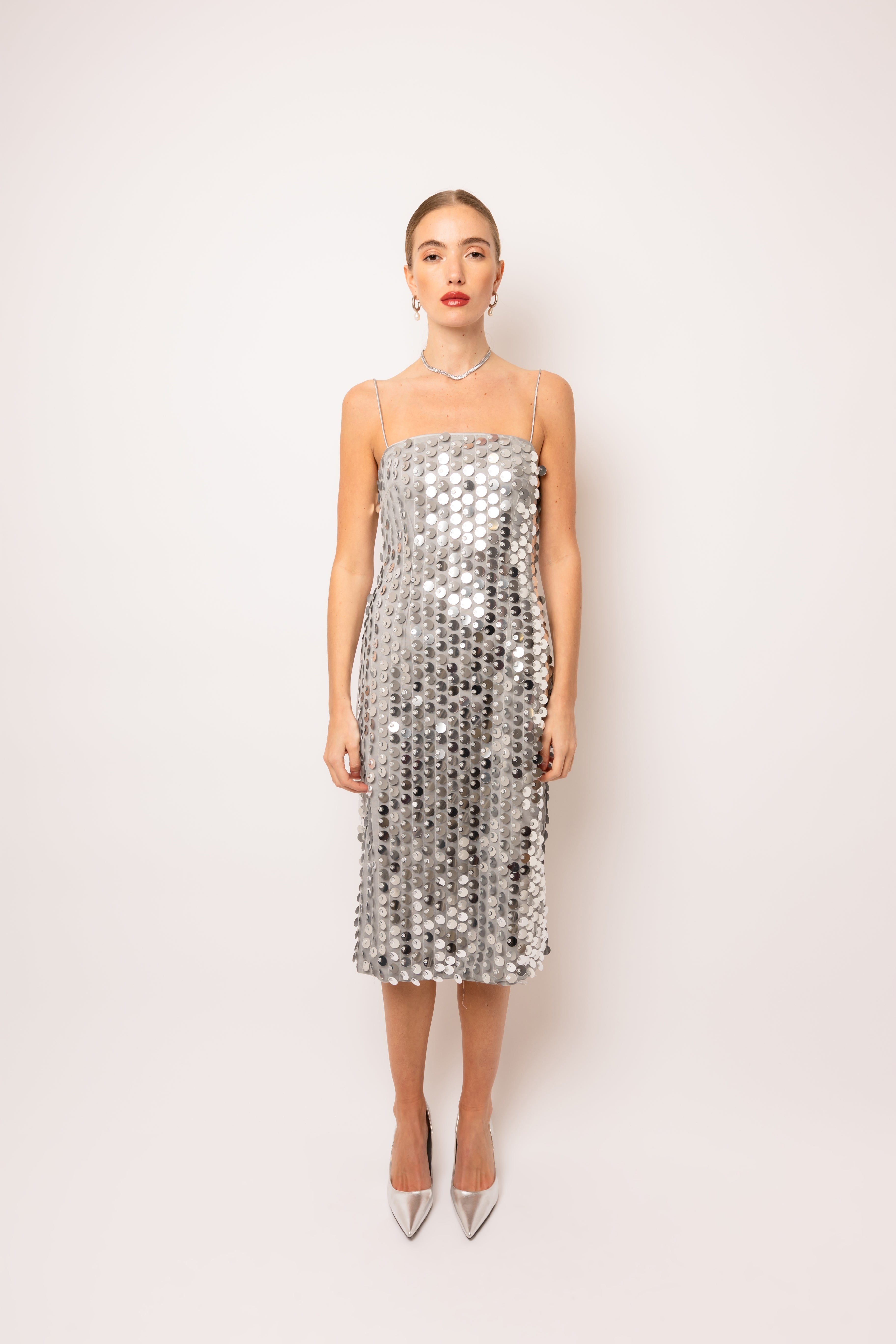 Farley Silver Disc Sequin Midi Dress