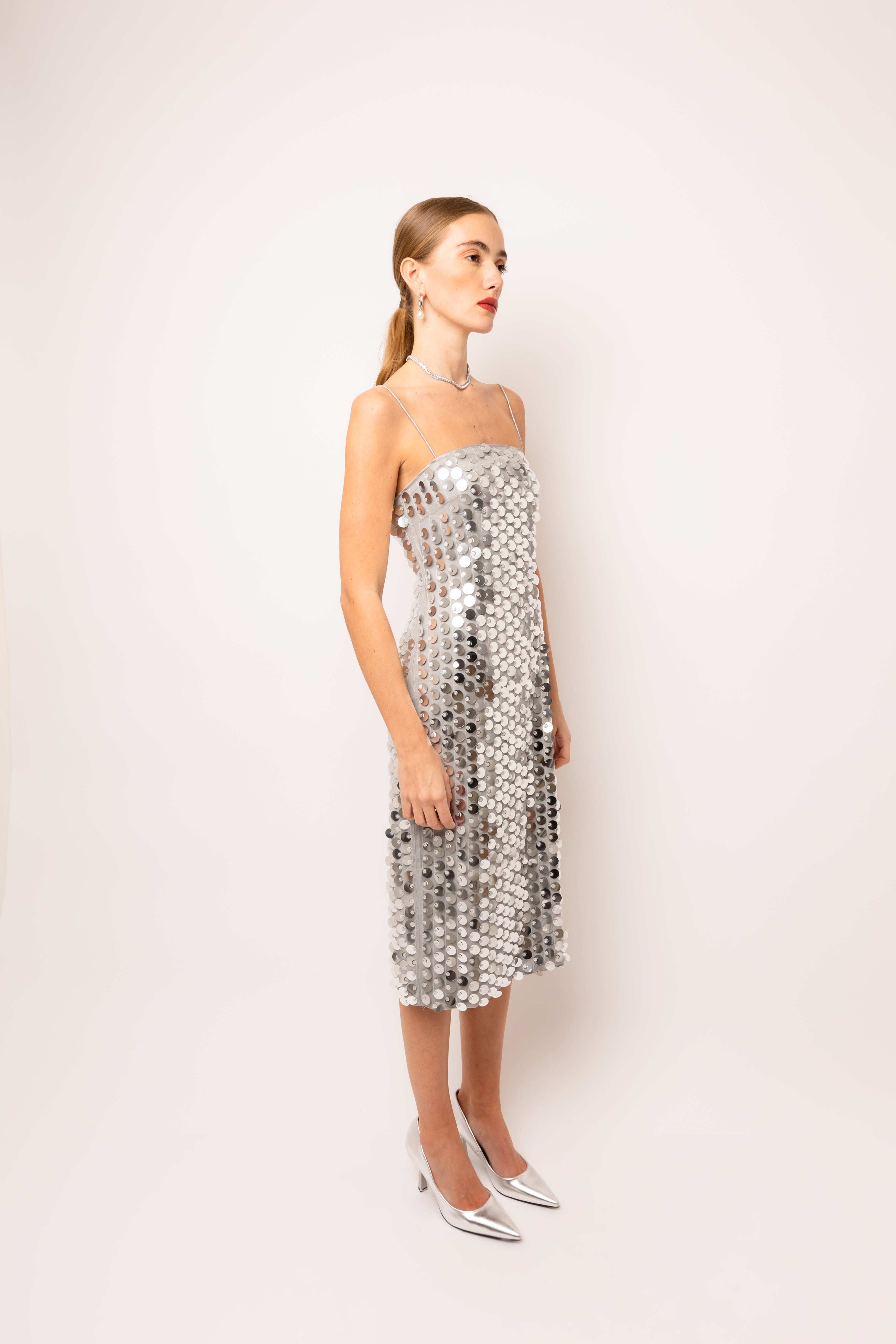 Farley Silver Disc Sequin Midi Dress